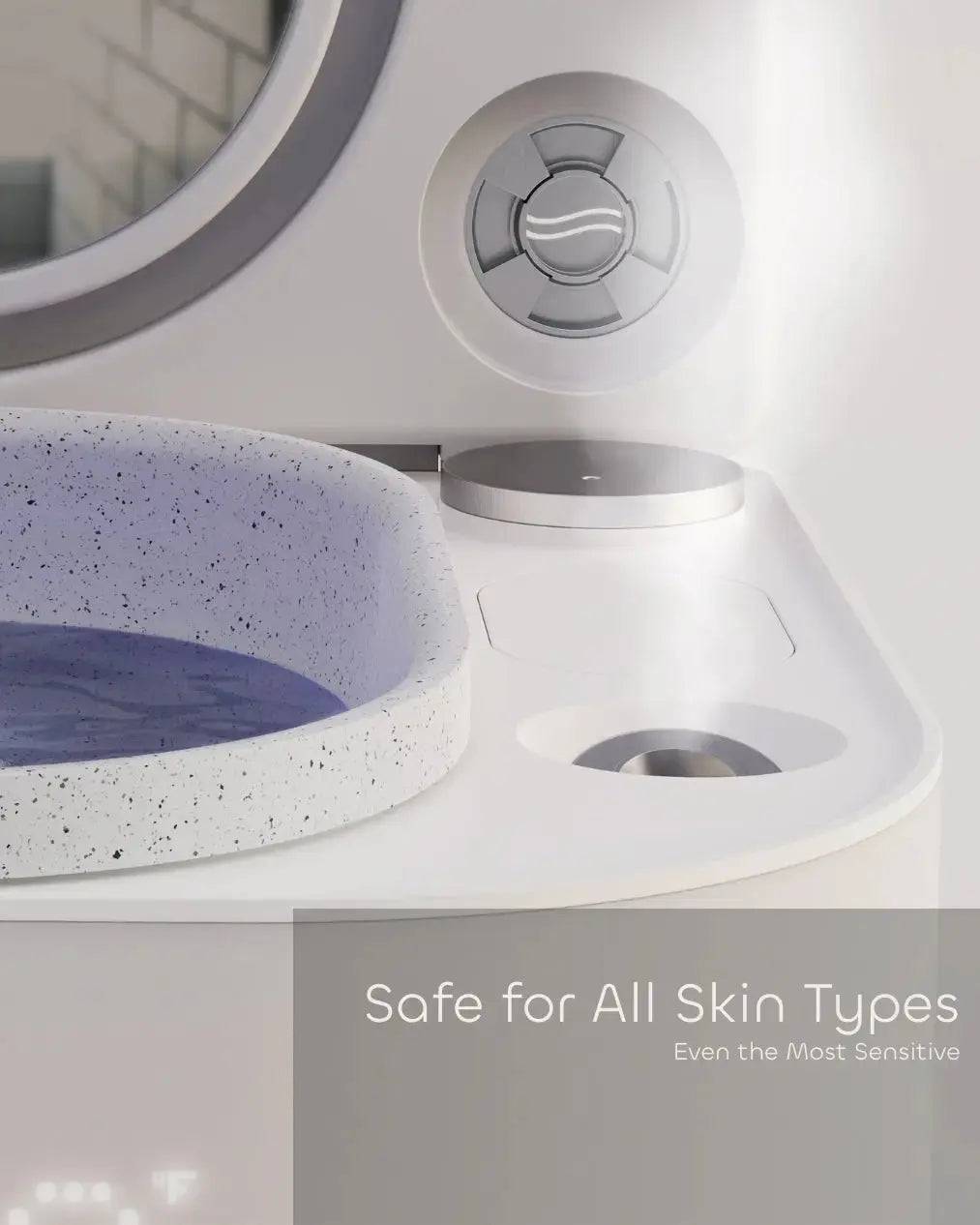 Close-up of Frosteam device with nano-ionic steam release and water bowl, showcasing its safe design for all skin types, even sensitive ski