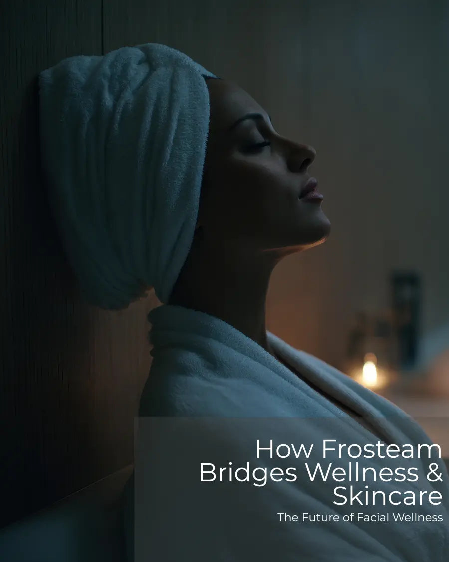 Woman relaxing in a luxury spa-inspired environment representing how Frosteam bridges wellness and skincare through facial contrast therapy