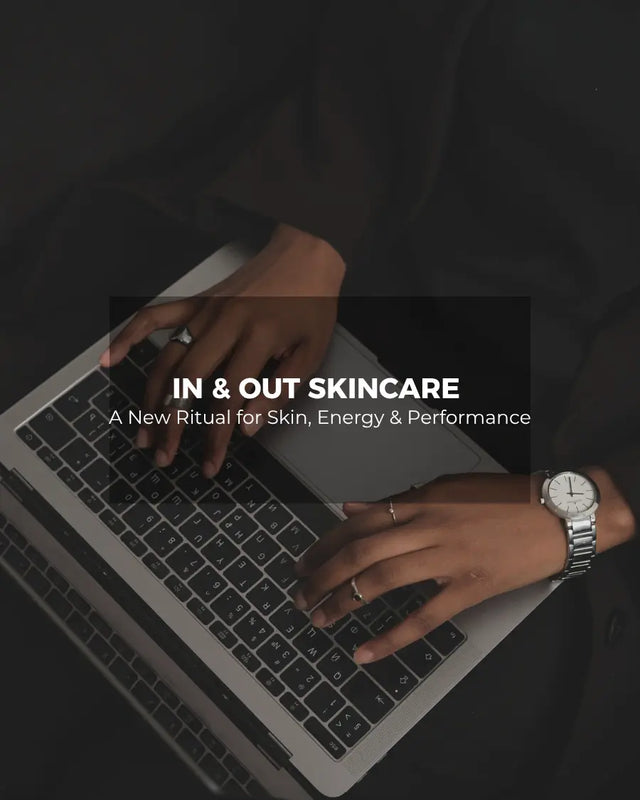 Hands typing on laptop, in-and-out skincare energy ritual cover