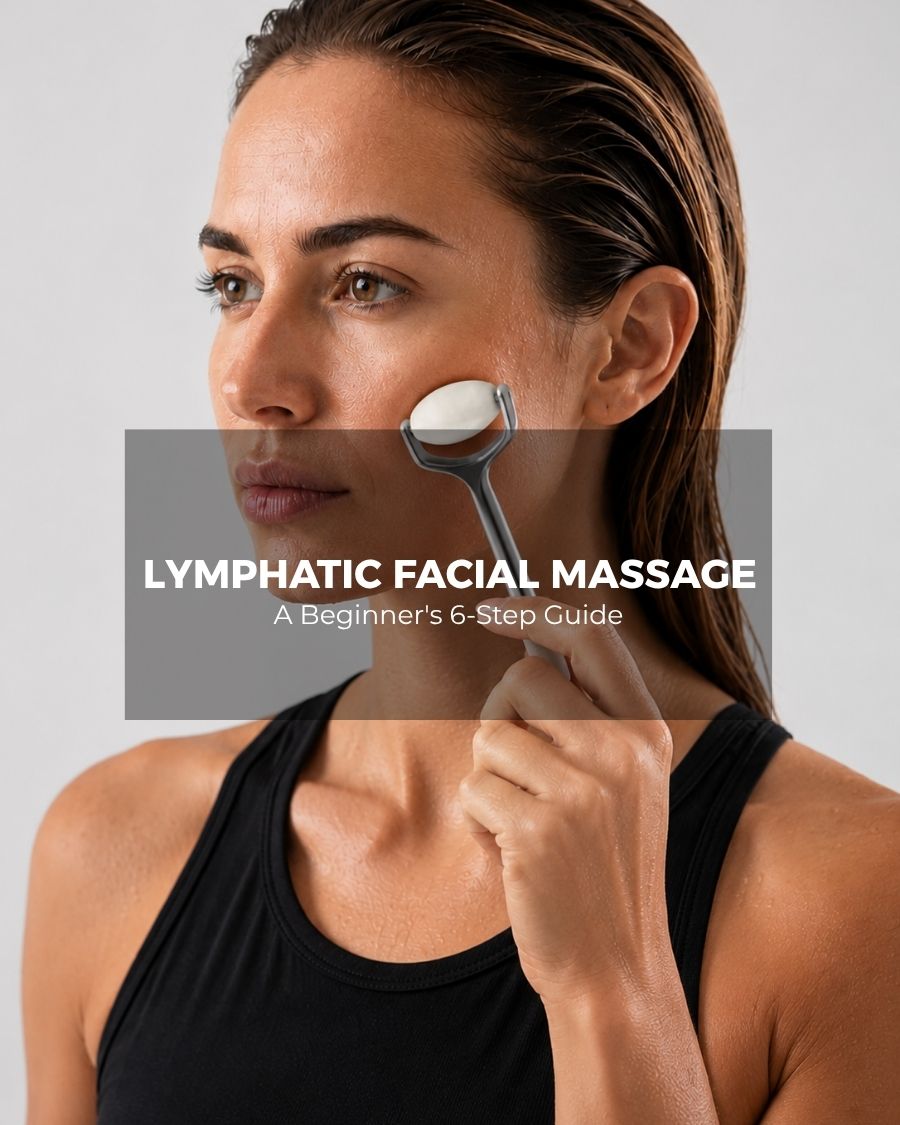 Close-up of light strokes along the jawline, the direction used in a lymphatic facial massage.