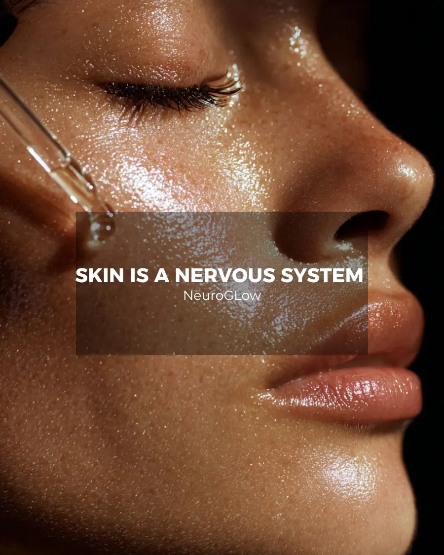 Glistening face with serum dropper, NeuroGlow skin nervous system cover