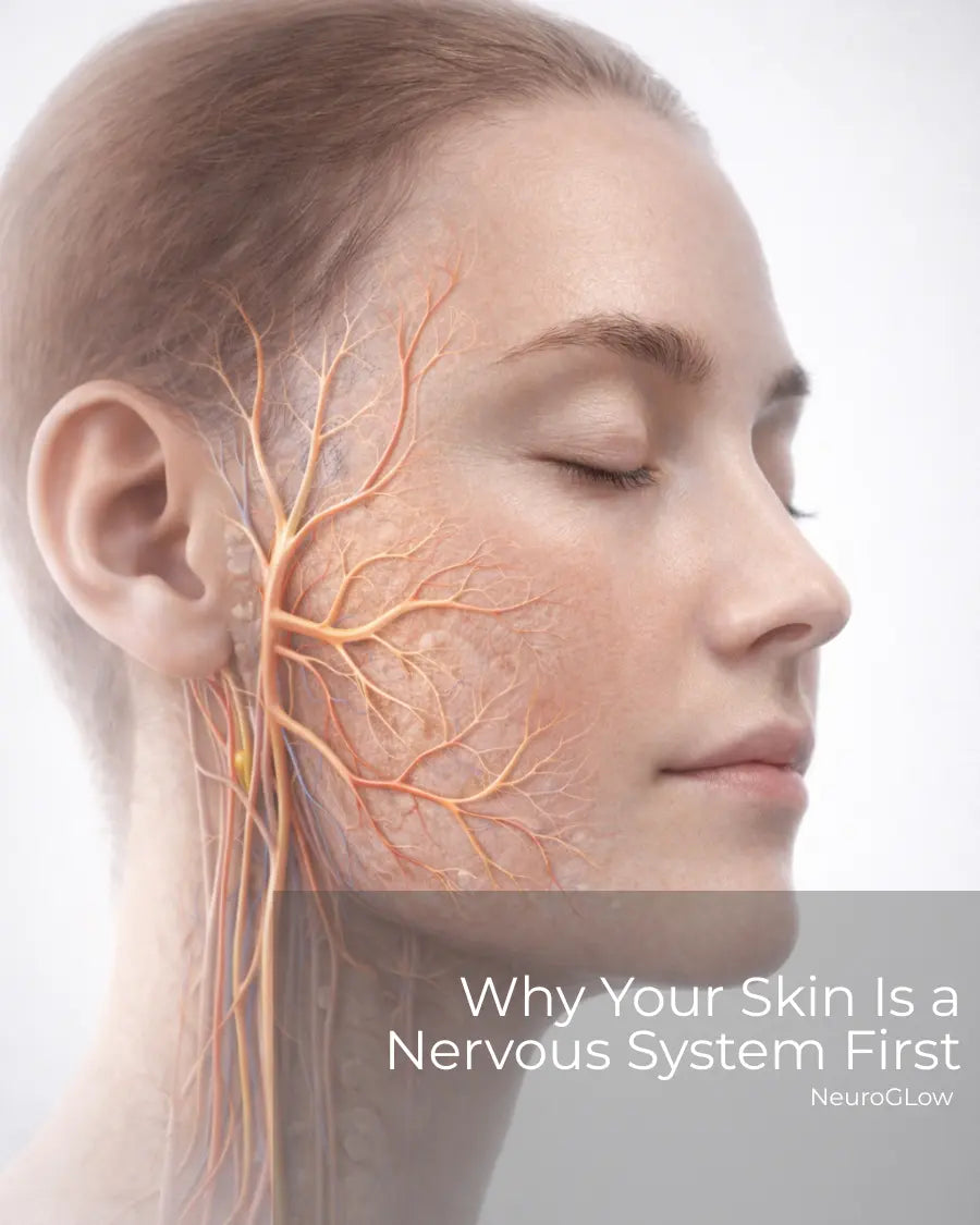 Clinical visualization of the brain-skin axis showing facial skin and underlying nervous system connections