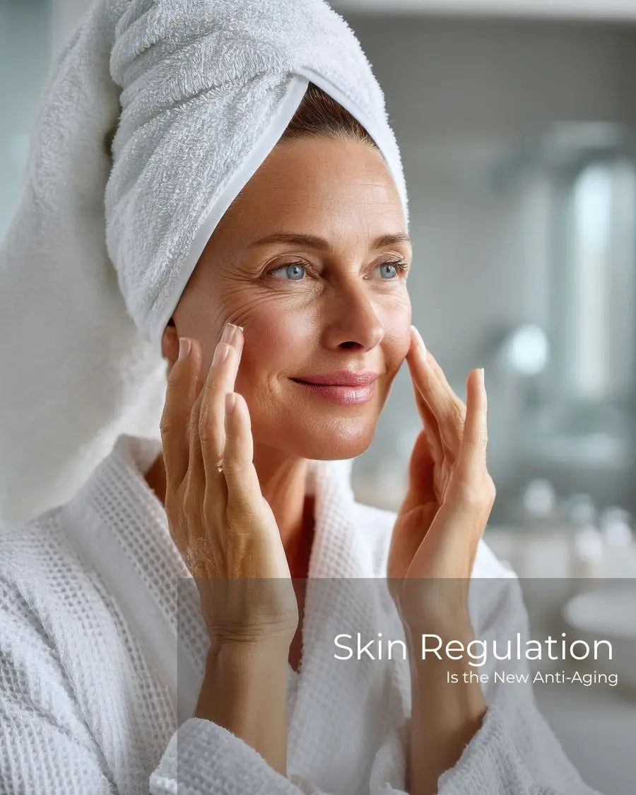 Woman applying skincare to calm, regulated skin illustrating healthy barrier function and skin longevity.