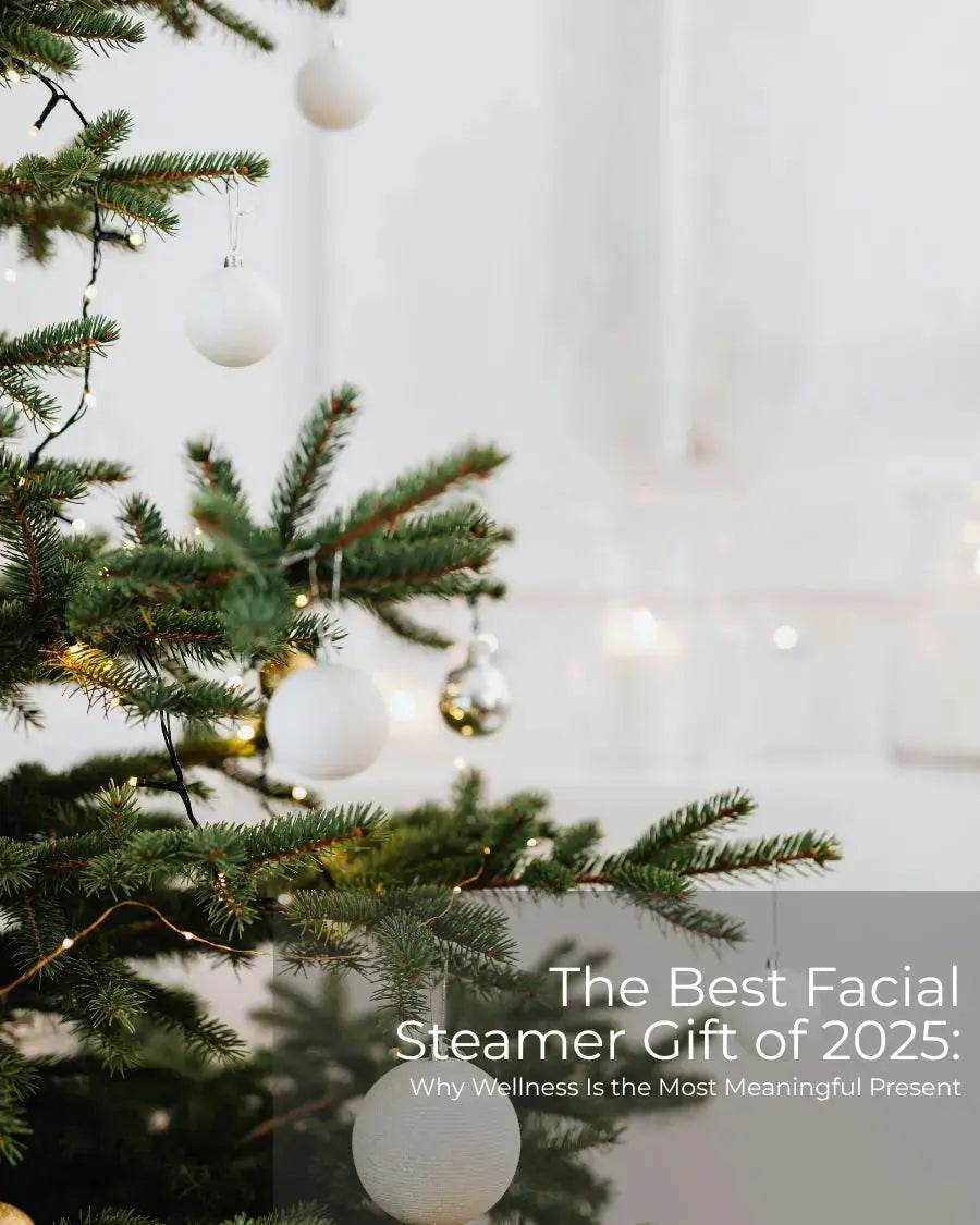 Holiday-themed Frosteam facial steamer gift setup, showcasing the best wellness and skincare present of 2025 under the Christmas tree.