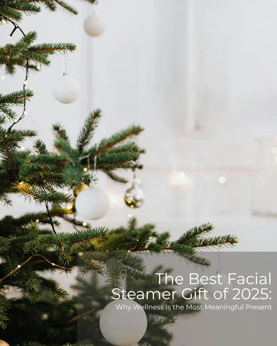 Holiday-themed Frosteam facial steamer gift setup, showcasing the best wellness and skincare present of 2025 under the Christmas tree.