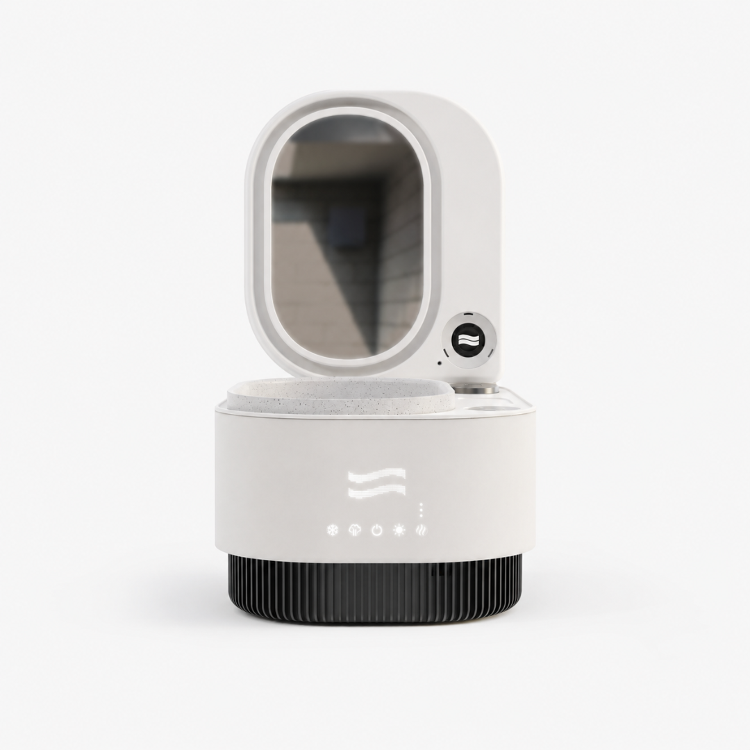 Frosteam Harmony device with open lighted mirror and touch controls, front view on a white background