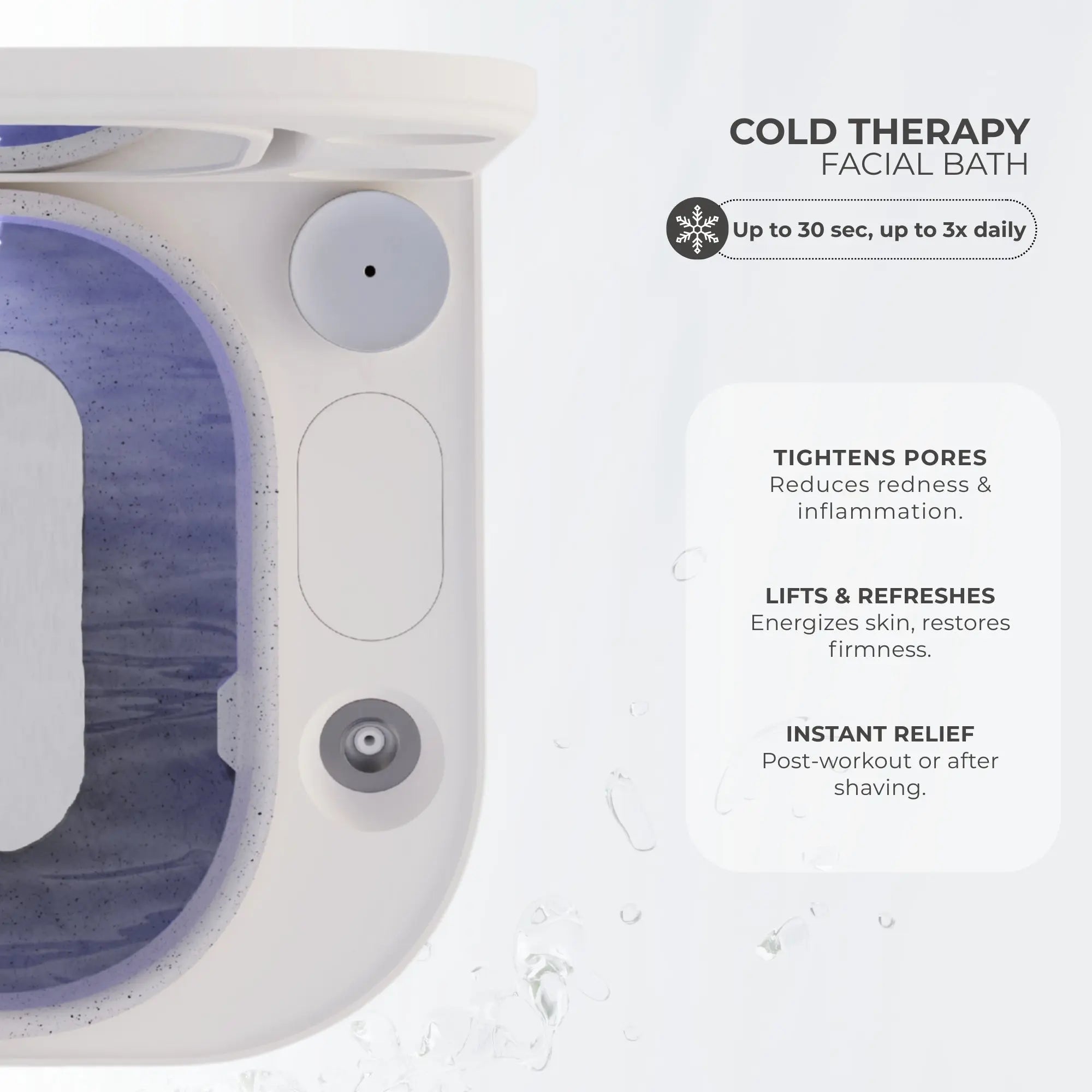 Close-up of the Frosteam cold therapy facial bath showing the chilled aluminum plate and basin, with text describing benefits such as tightening pores, reducing redness and inflammation, refreshing the skin, and providing instant relief post-workout or after shaving.