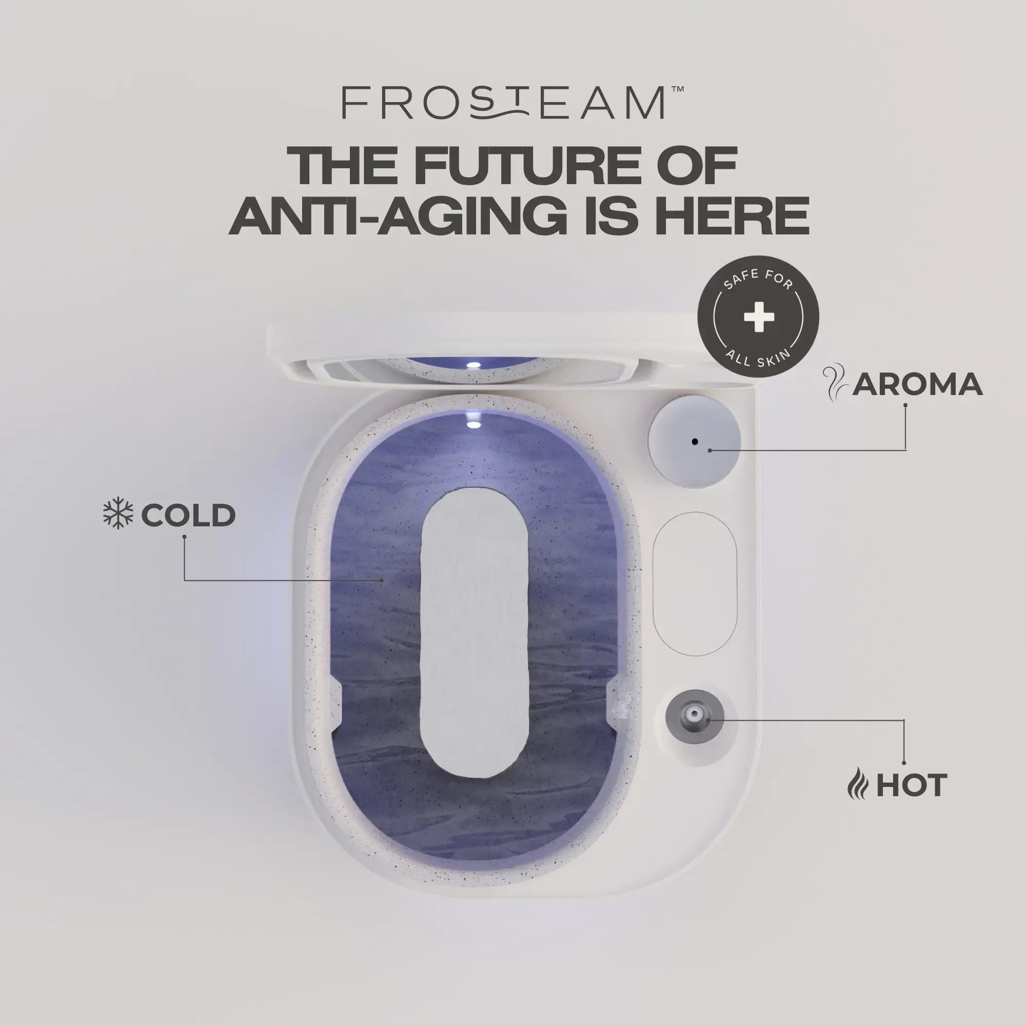 Frosteam™ combines nano-ionic steam and advanced cold therapy in a sleek, spa-quality skincare device.