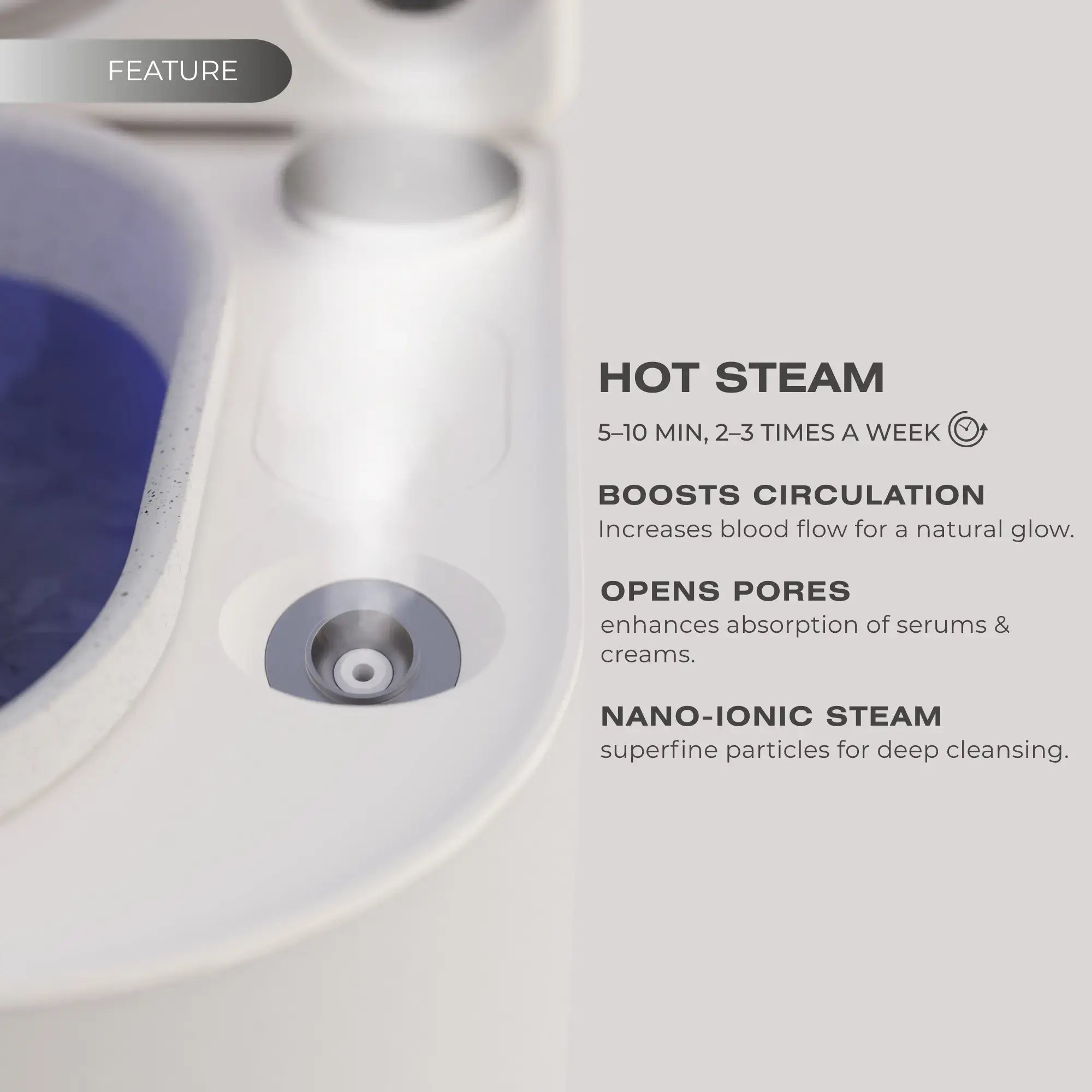 Frosteam™ hot steam feature boosts circulation, opens pores, and enhances hydration with nano-ionic technology.