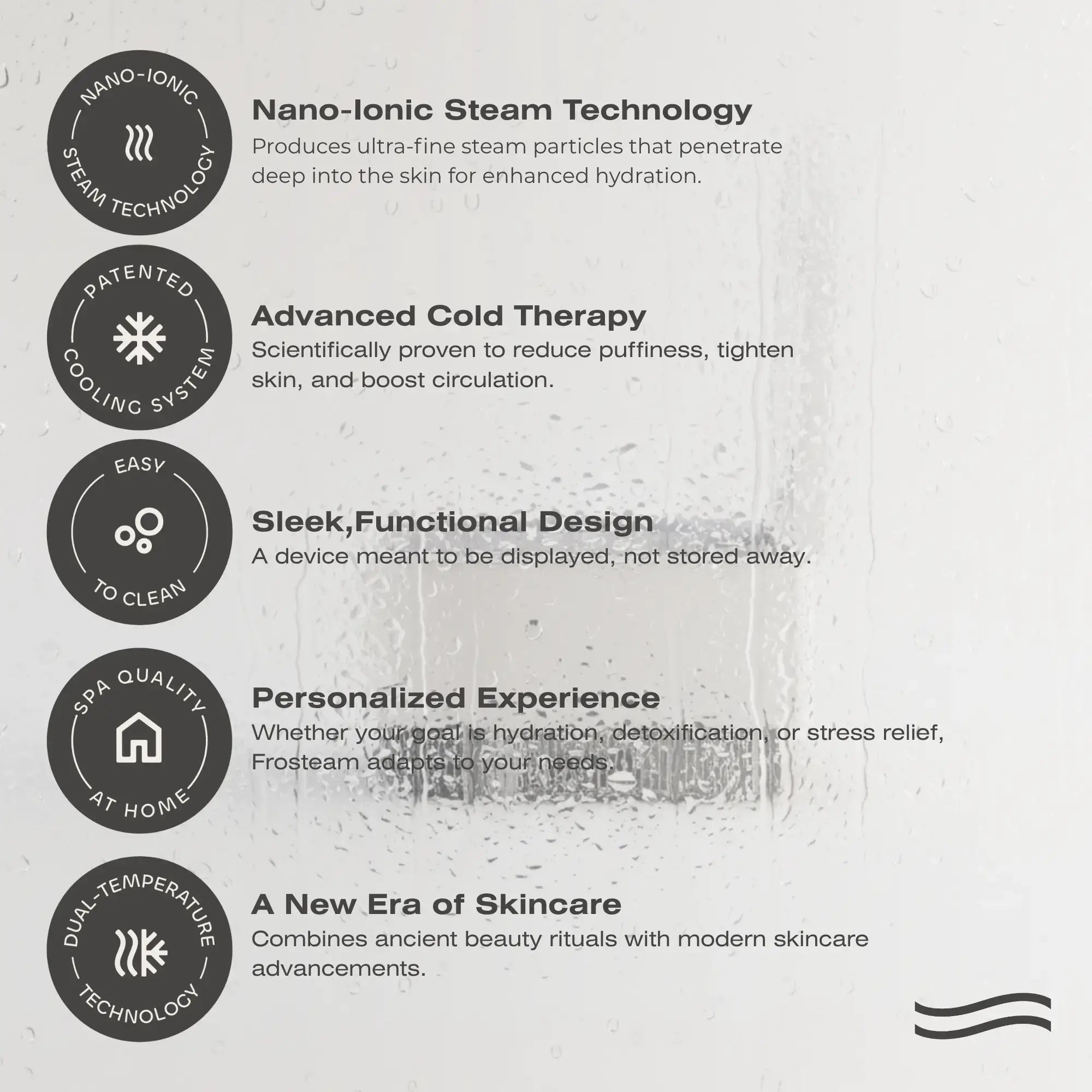 Frosteam™ wellness benefits include stress relief, hangover recovery, post-shave cooling, and improved energy through cold therapy.