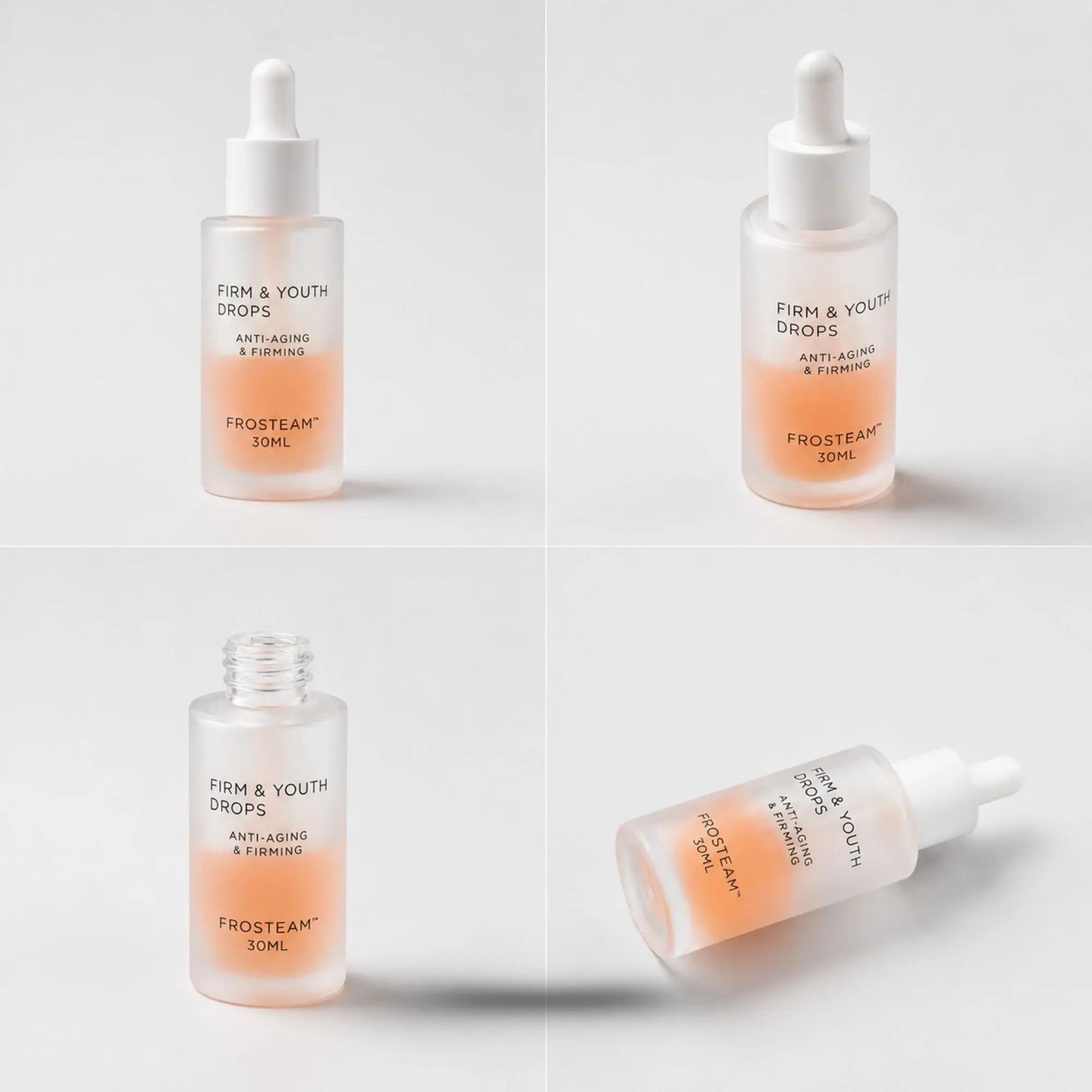 Frosteam Aqua Drops Cold Therapy Serum bottle shown from four angles on white background
