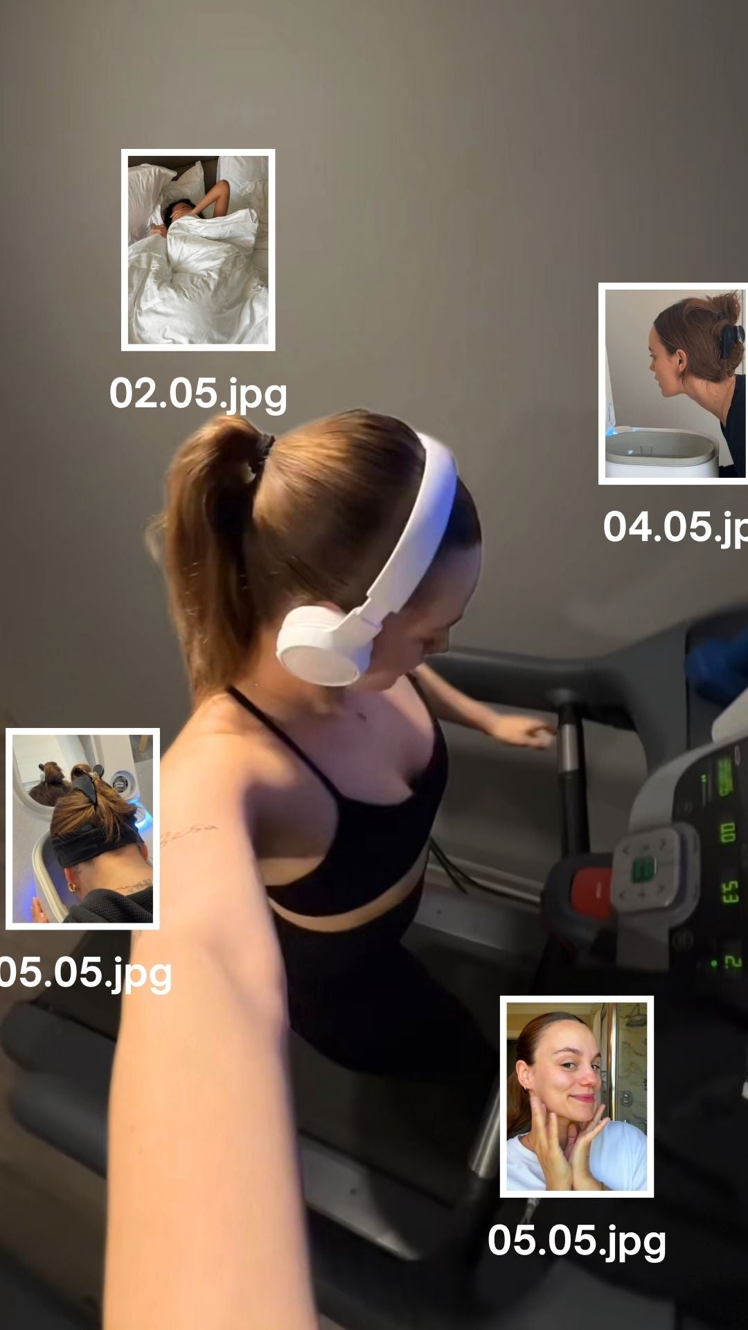 Frosteam creator reel: woman on a treadmill with snapshots of her daily Harmony wellness routine