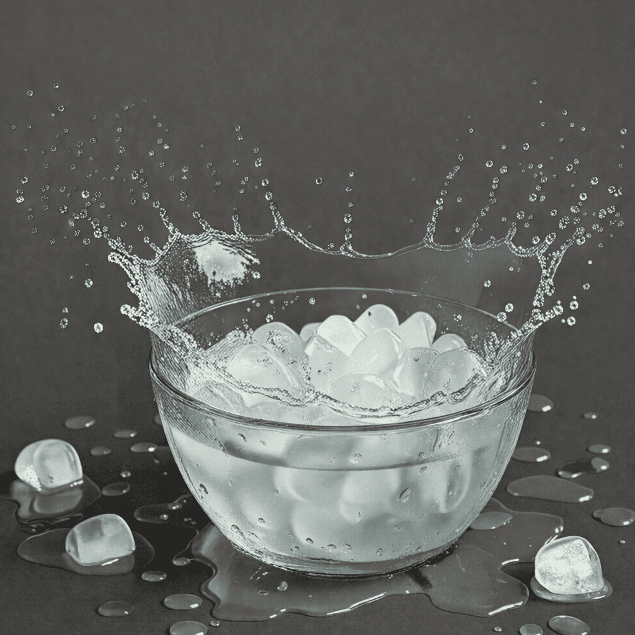 Glass bowl with ice cubes and water splashes on a dark background