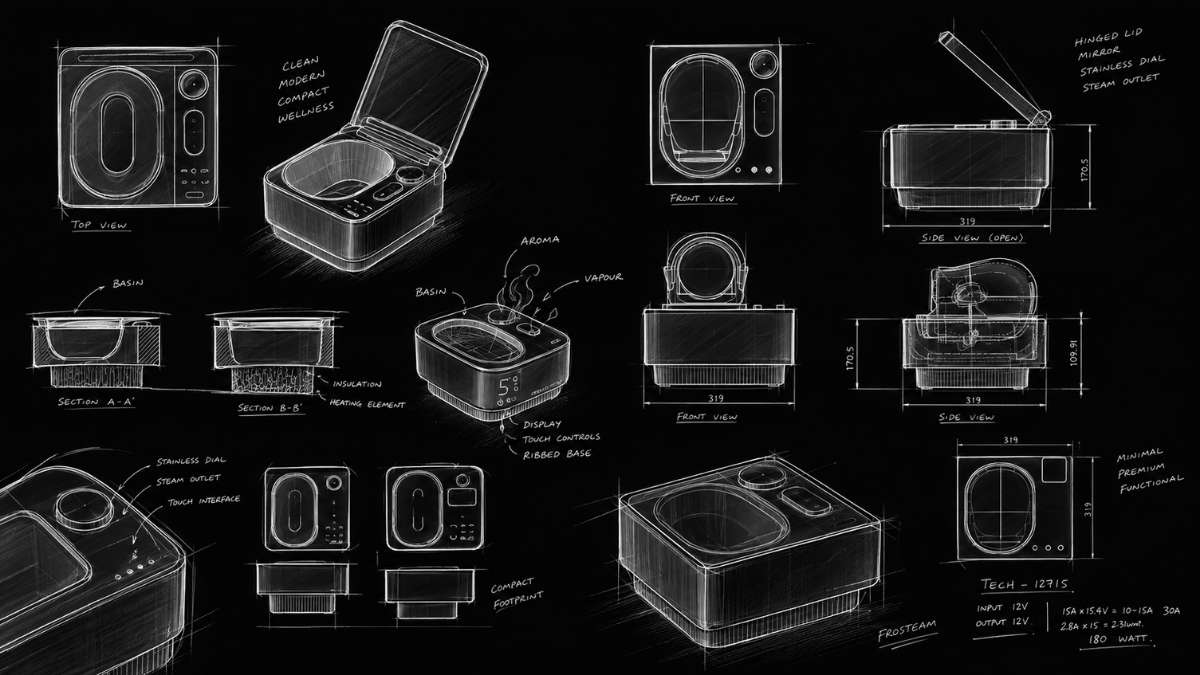 Technical design drawings of Frosteam Harmony from several angles
