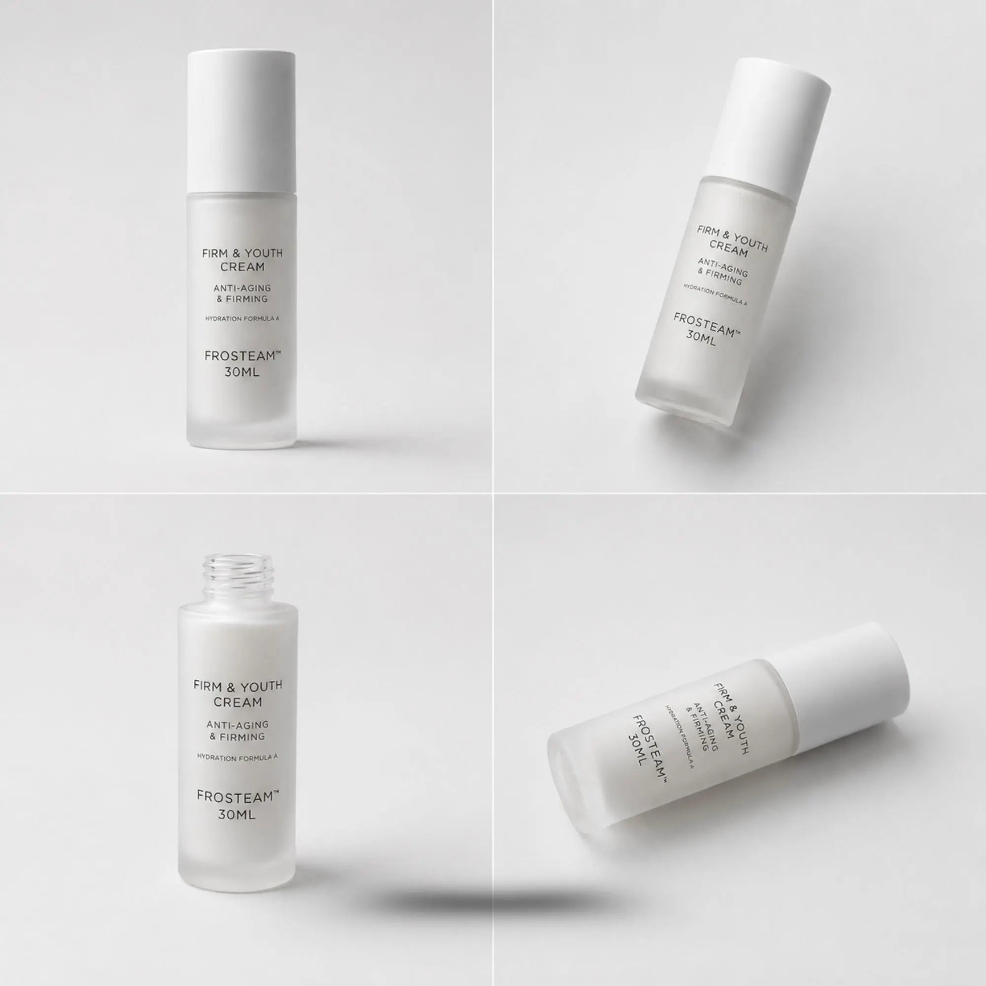 Frosteam Firm and Youth Cream 30ml bottle shown from four angles on white background