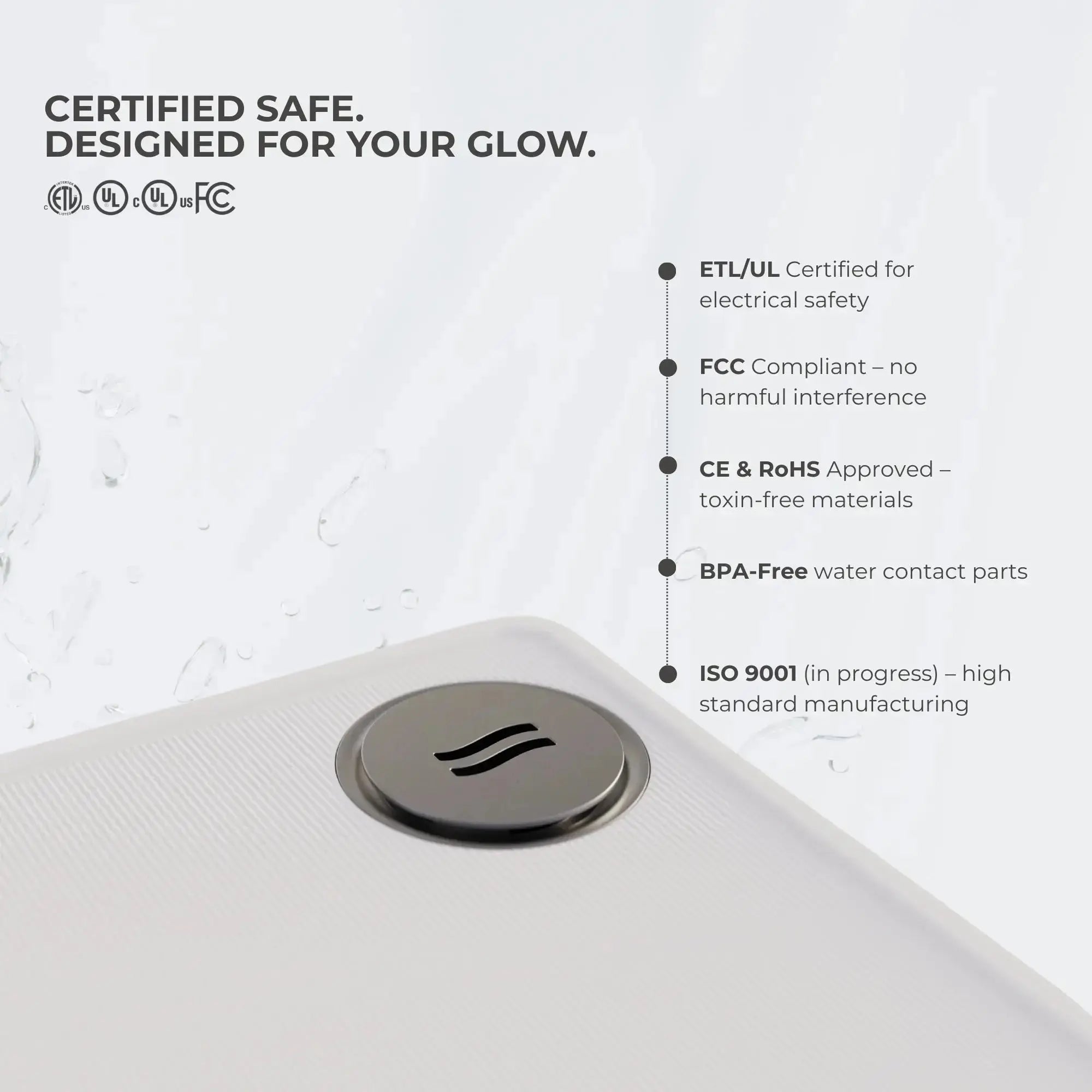 Close-up of the Frosteam device’s surface and steam-activation button beside a list of safety certifications including ETL/UL, FCC compliance, CE and RoHS approval, BPA-free water contact parts, and ISO 9001 manufacturing standards.