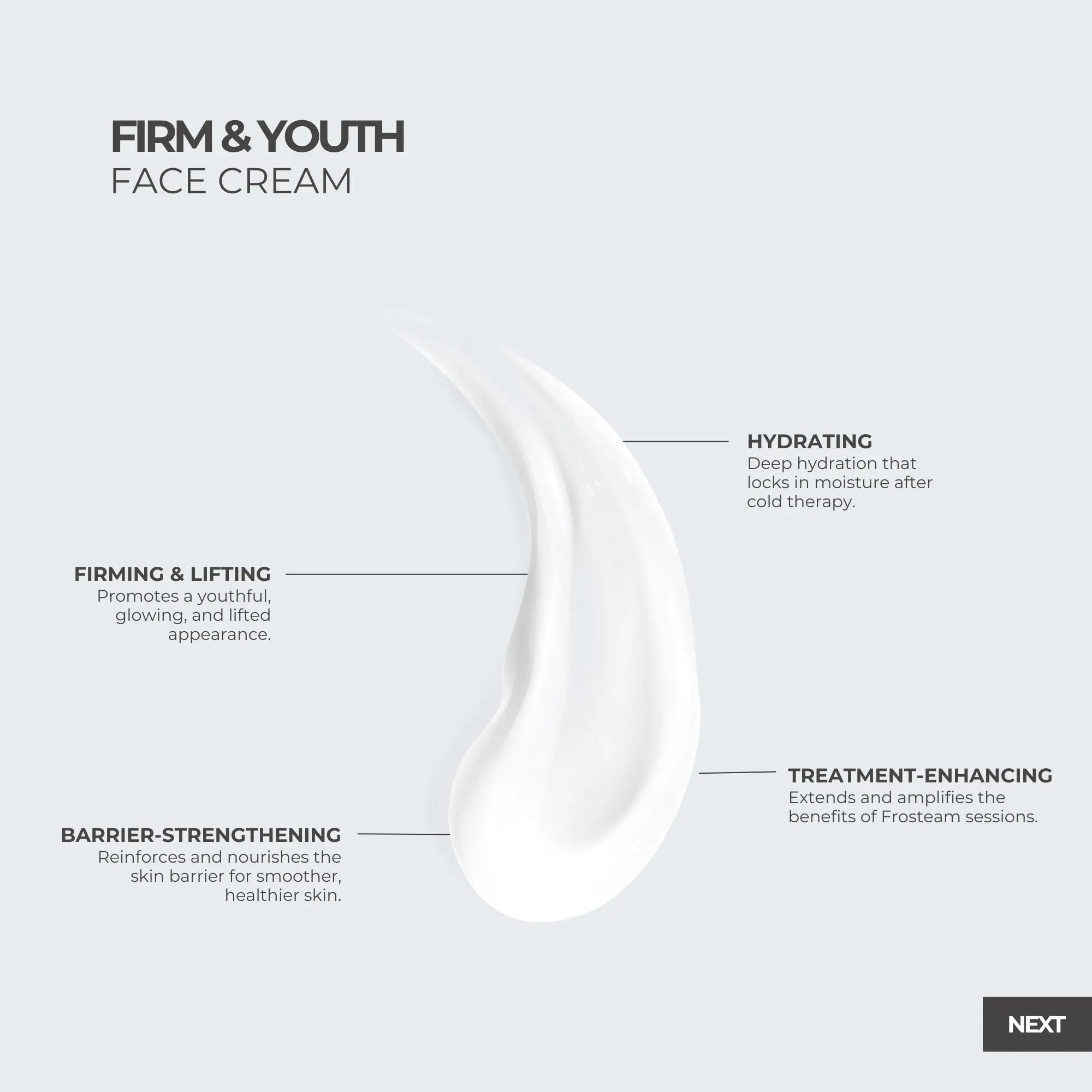 Frosteam Firm & Youth face cream texture highlighting hydration, barrier support, and firm-looking skin for cold therapy skincare rituals.