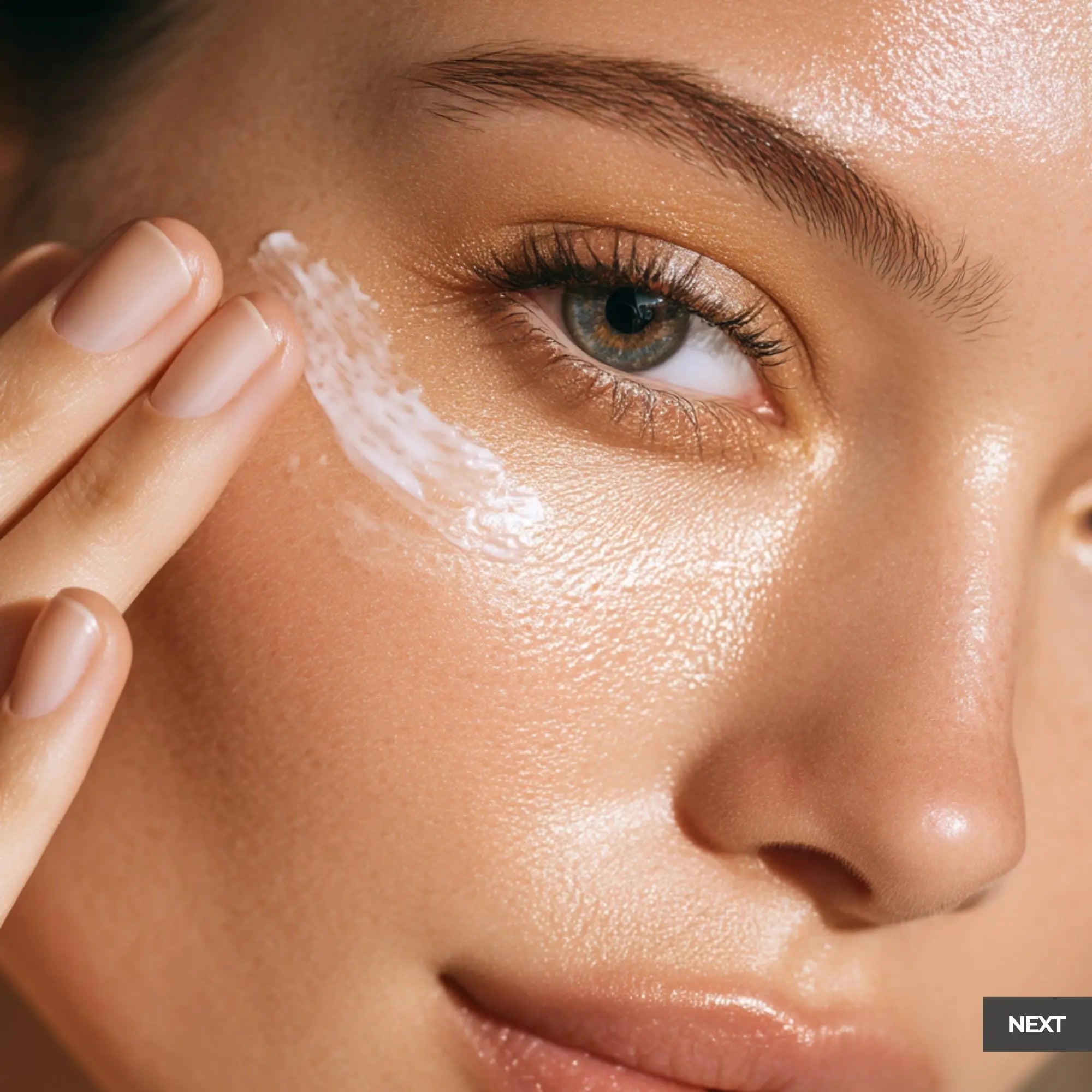 Frosteam Firm & Youth face cream application under eye area, anti-aging skincare designed to support firm-looking, hydrated skin.