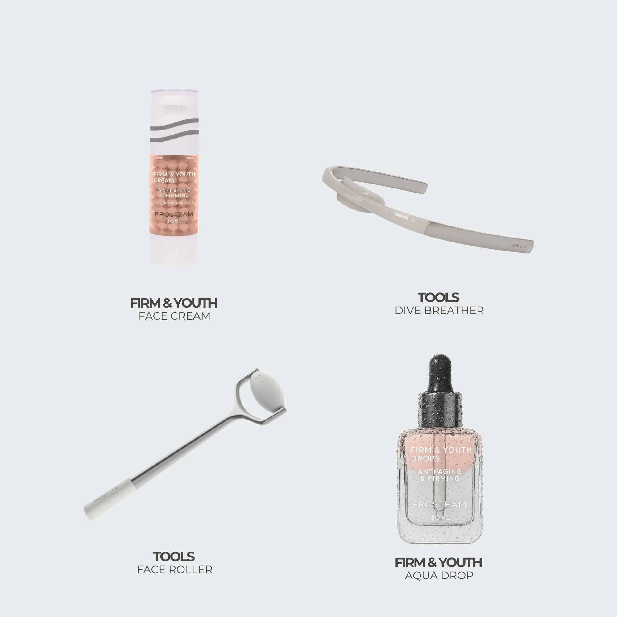 Complete Frosteam skincare ritual set combining cold therapy, facial tools, and wellness accessories.