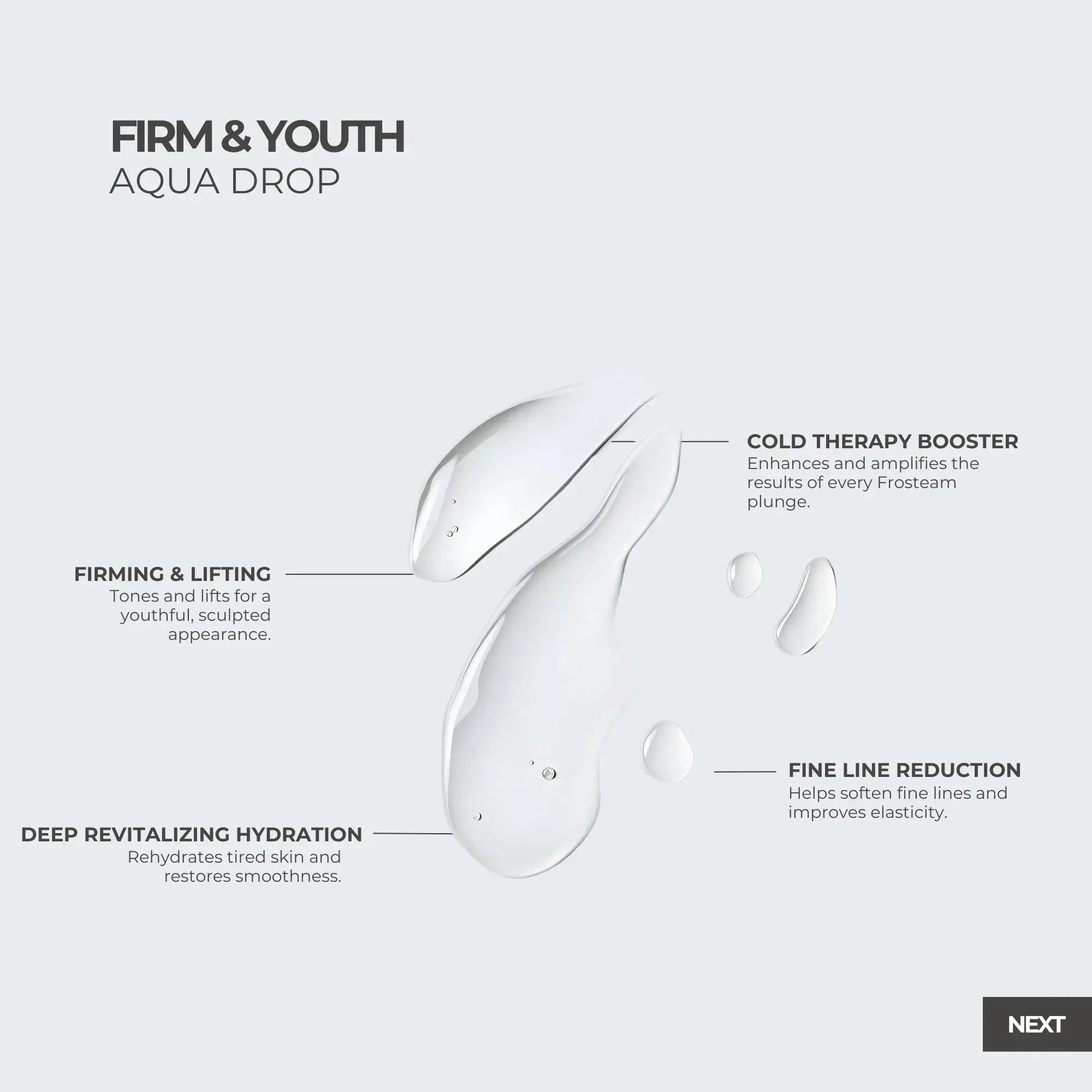 Frosteam Firm & Youth Aqua Drop serum texture highlighting hydration, firming benefits, and cold therapy skincare enhancement.
