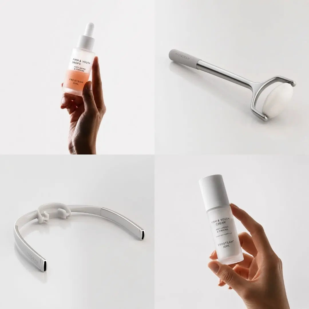 Frosteam facial roller, dive breather tool, Firm and Youth Cream and Firm and Youth Drops shown in a four-image grid, anti-aging skincare tools and duo