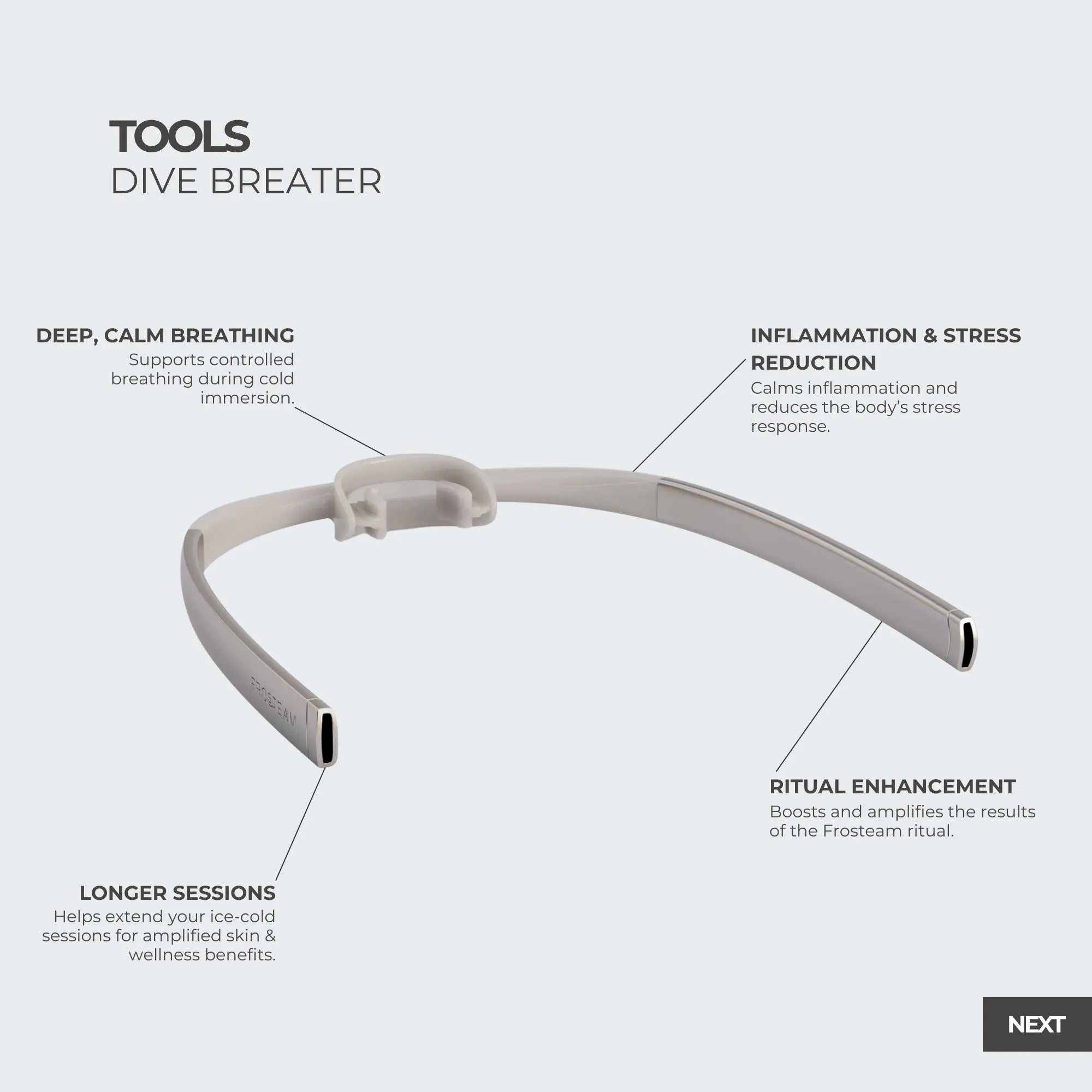 Frosteam Dive Breather breathing tool with feature callouts highlighting calm breathing support, ritual enhancement, and extended cold therapy sessions.