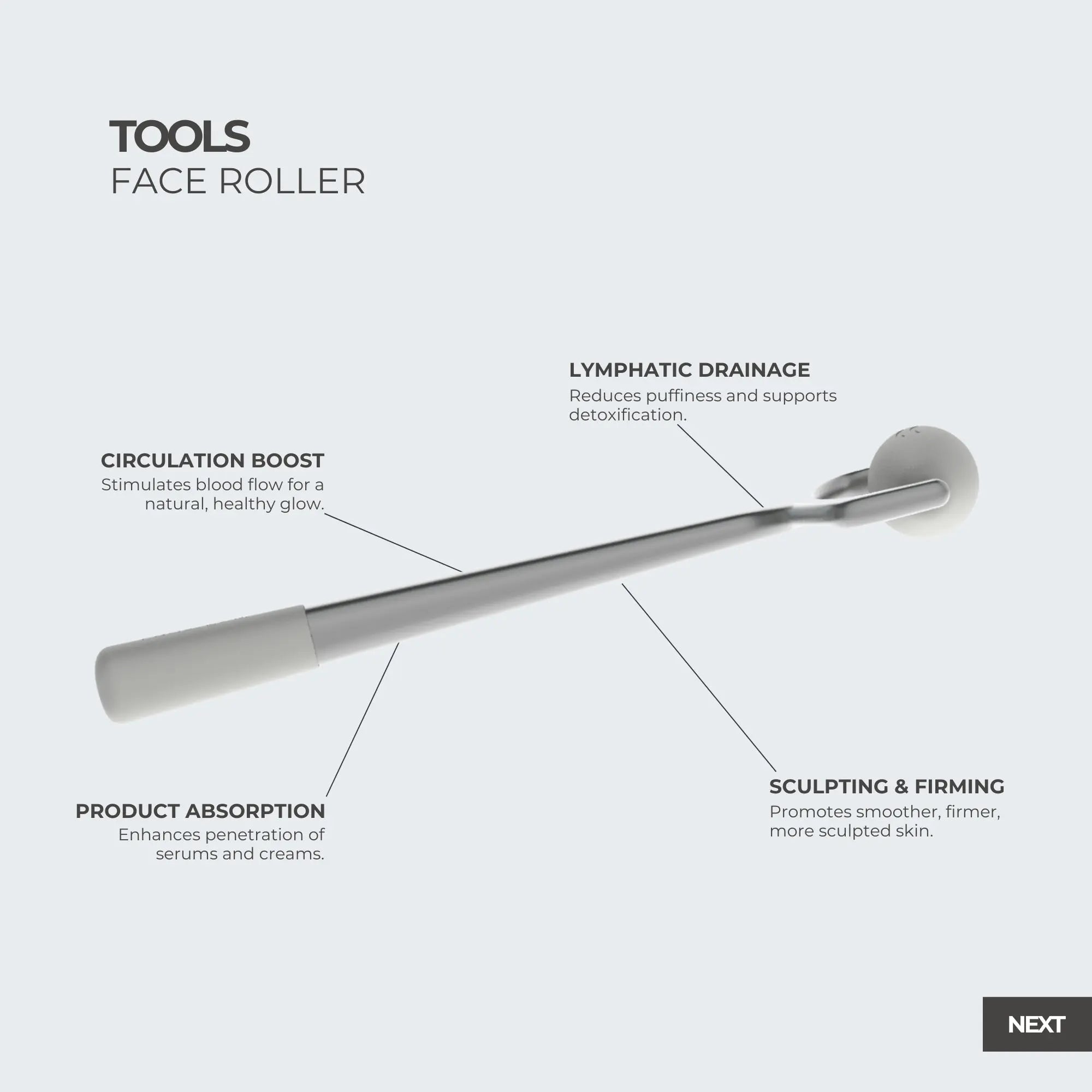Frosteam face roller tool designed for cold therapy skincare rituals, supporting lymphatic drainage, circulation, and facial massage.
