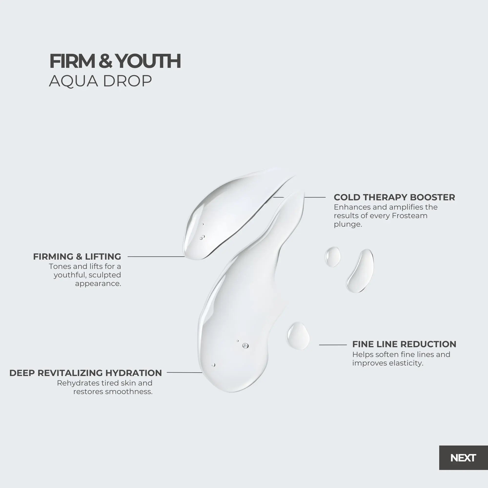 Frosteam Firm & Youth Aqua Drop serum texture highlighting hydration, firming benefits, and cold therapy skincare enhancement.