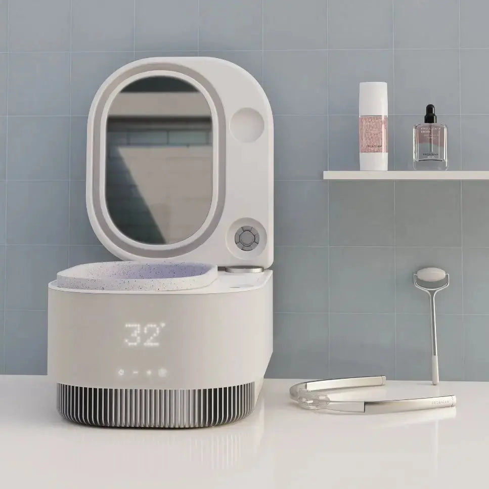 Frosteam 3-in-1 skincare device with mirror and accessories on bathroom counter