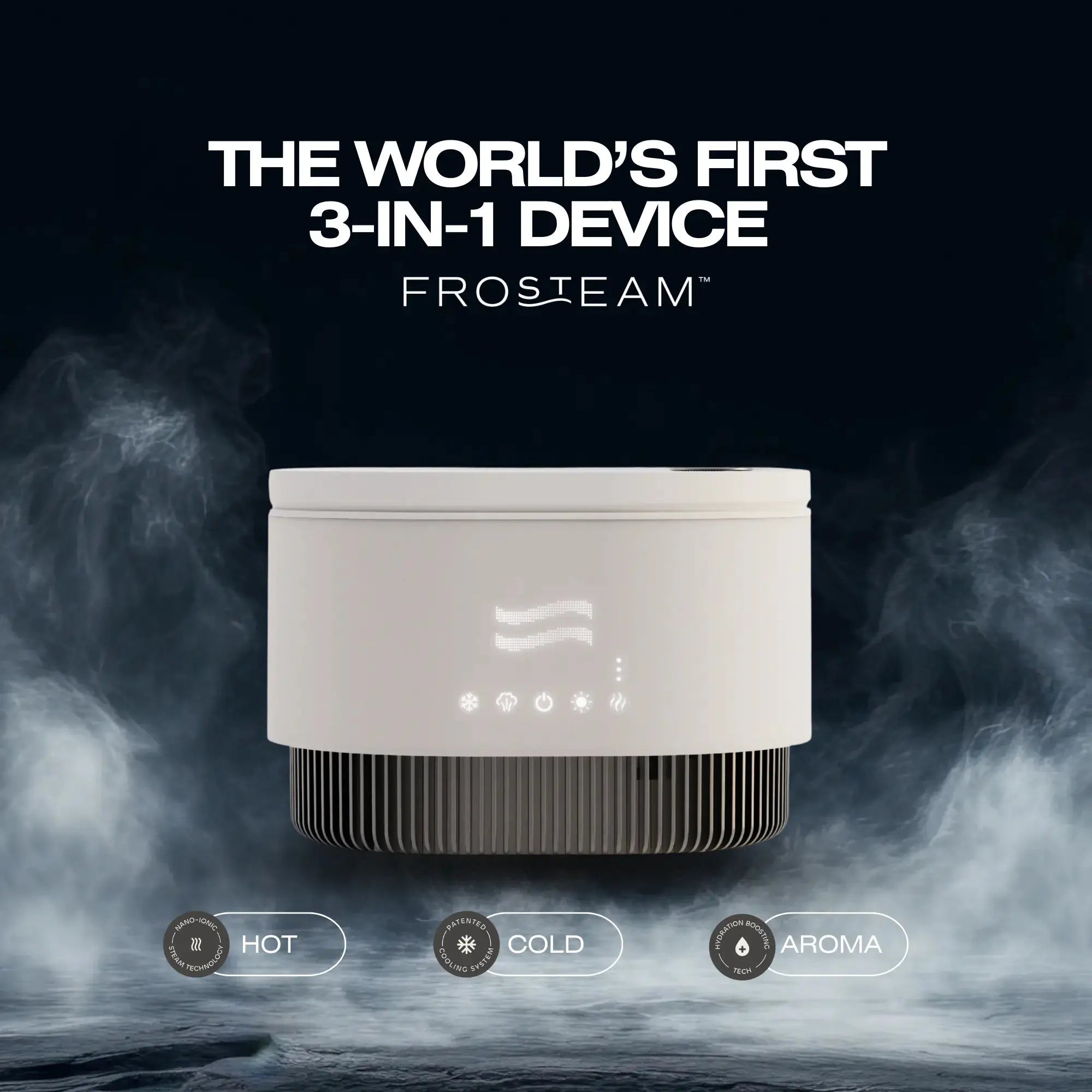 Frosteam 3-in-1 skincare device combining nano-ionic steam, cold therapy facial plunge, and aromatherapy for advanced anti-aging and wellness rituals.
