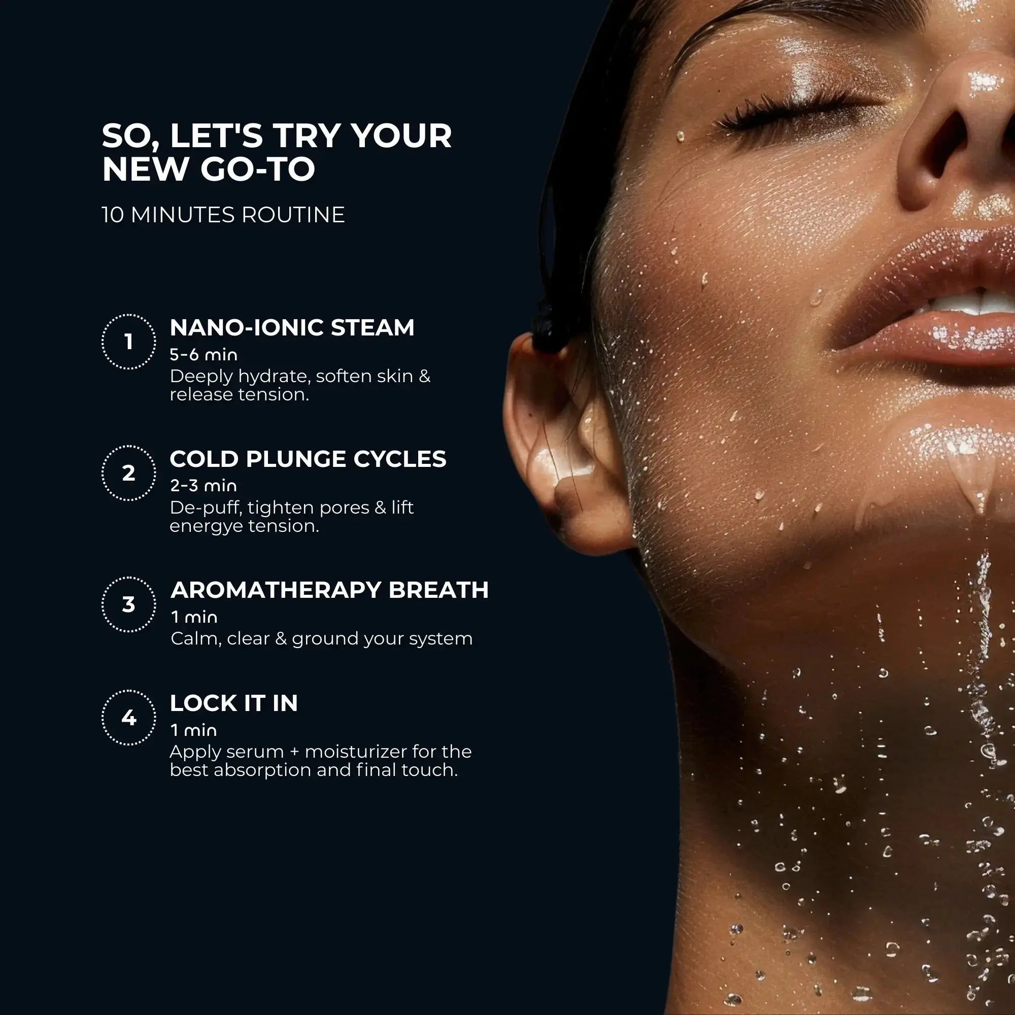Frosteam 10-minute skincare routine featuring nano-ionic steam, cold plunge facial therapy, aromatherapy breathing, and serum absorption for glowing, firm skin.