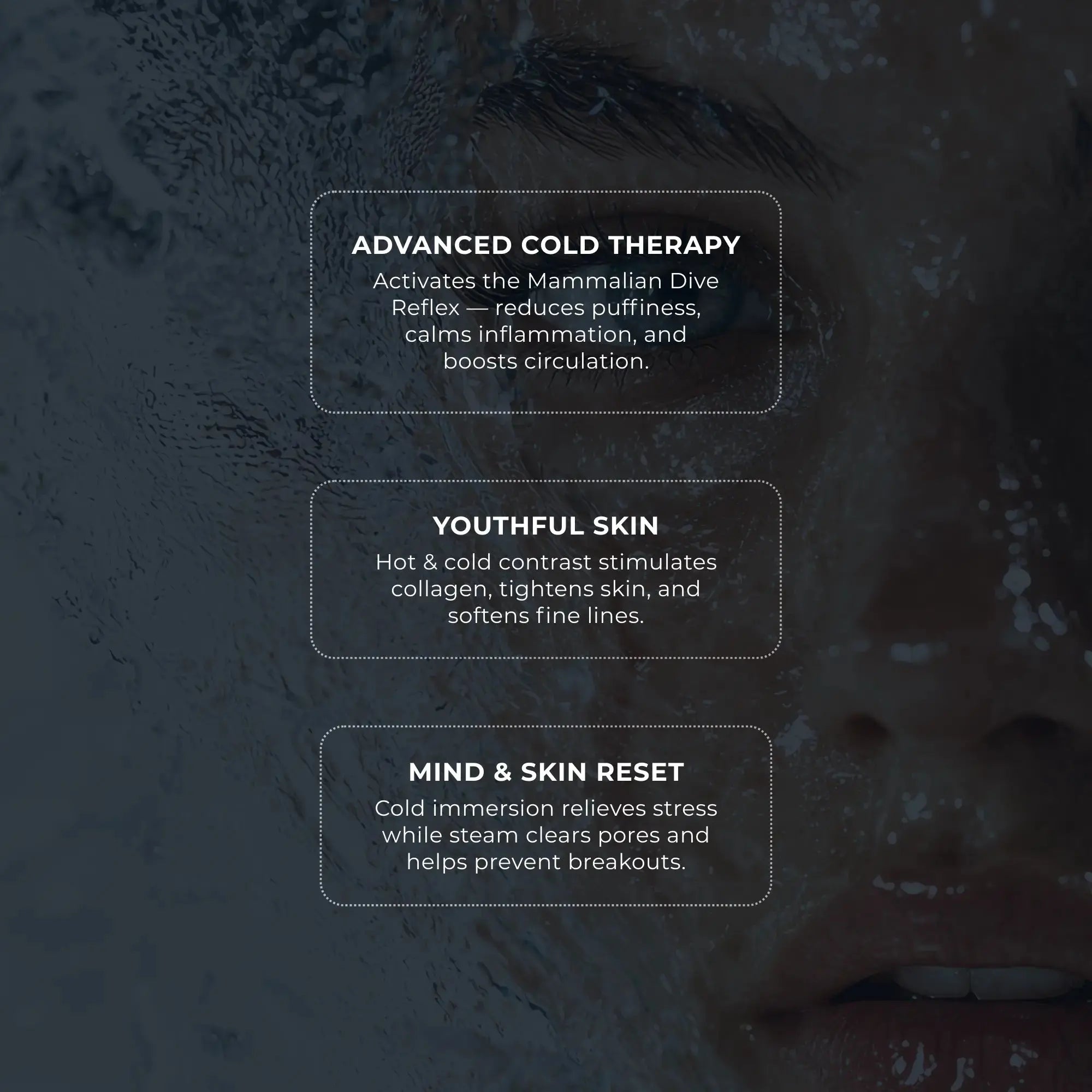 Frosteam advanced cold therapy facial treatment illustrating anti-aging skincare benefits, reduced puffiness, improved circulation, and skin rejuvenation through hot and cold contrast therapy.