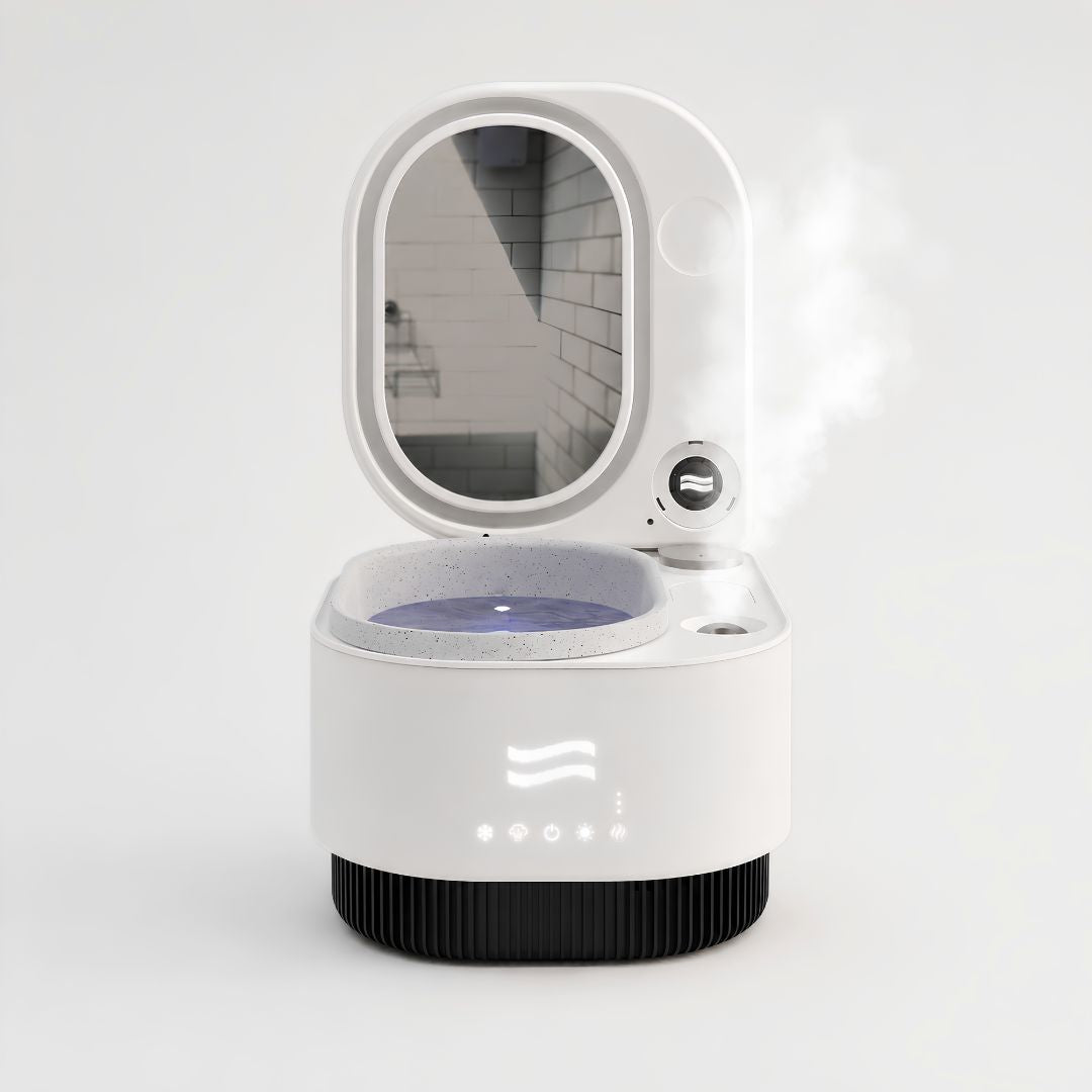 Frosteam 3-in-1 facial device releasing nano-ionic steam, minimalist studio product photo