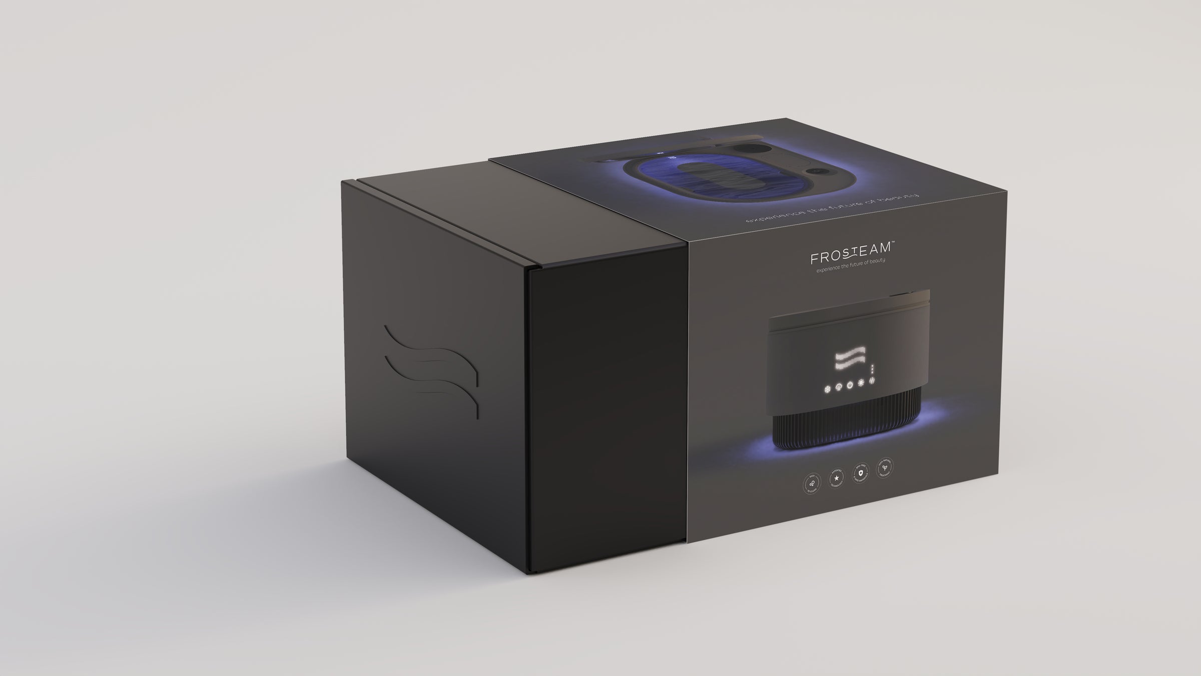 Premium Frosteam 3-in-1 facial device packaging featuring hot nano steam, cold therapy plate, and aromatherapy technology for advanced at-home skincare