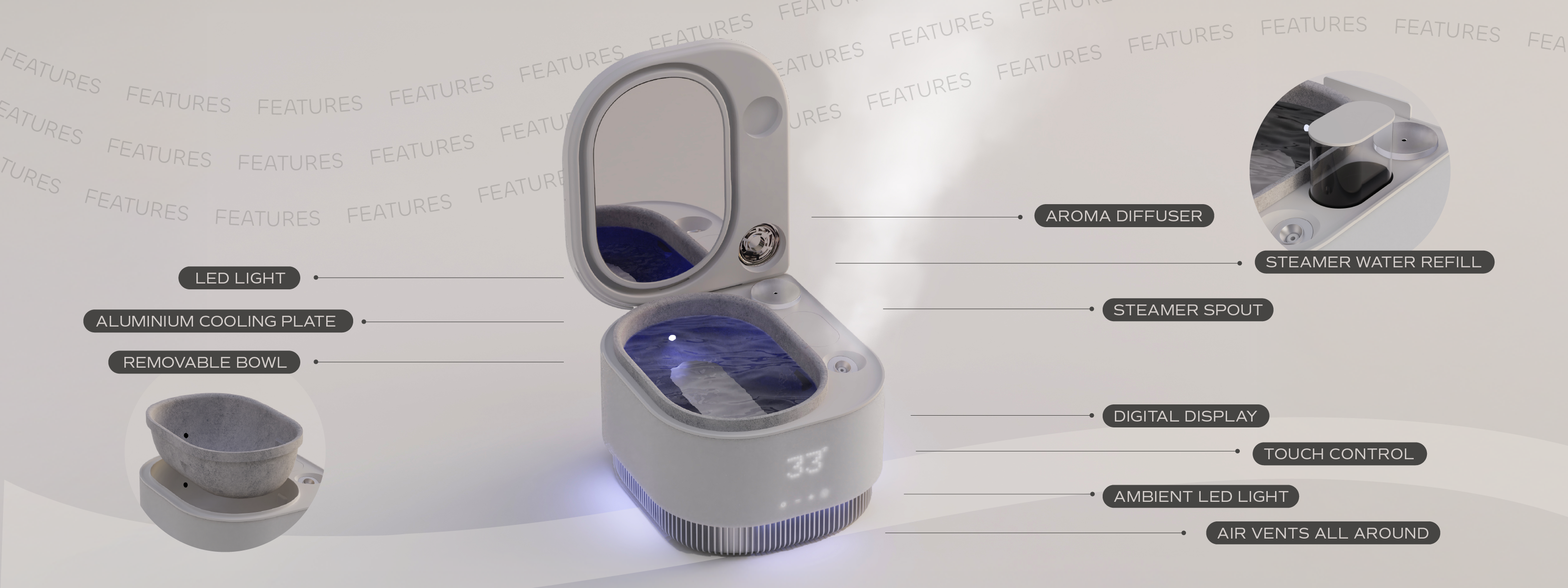 Frosteam 3-in-1 skincare device showing features including aroma diffuser, cold aluminum plate, nano-ionic steam spout, LED light, and smart digital screen.