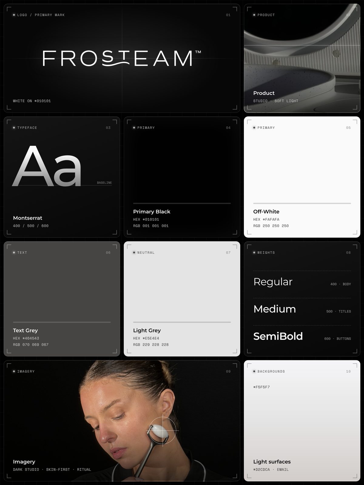 Frosteam brand kit with logo, Montserrat typeface, colour palette and imagery style
