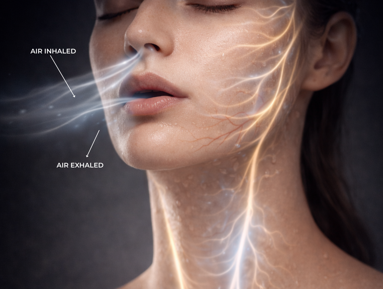 Woman practicing deep breathing during a Frosteam ritual, illustrating improved oxygenation, relaxation, and nervous system balance through controlled inhalation and exhalation