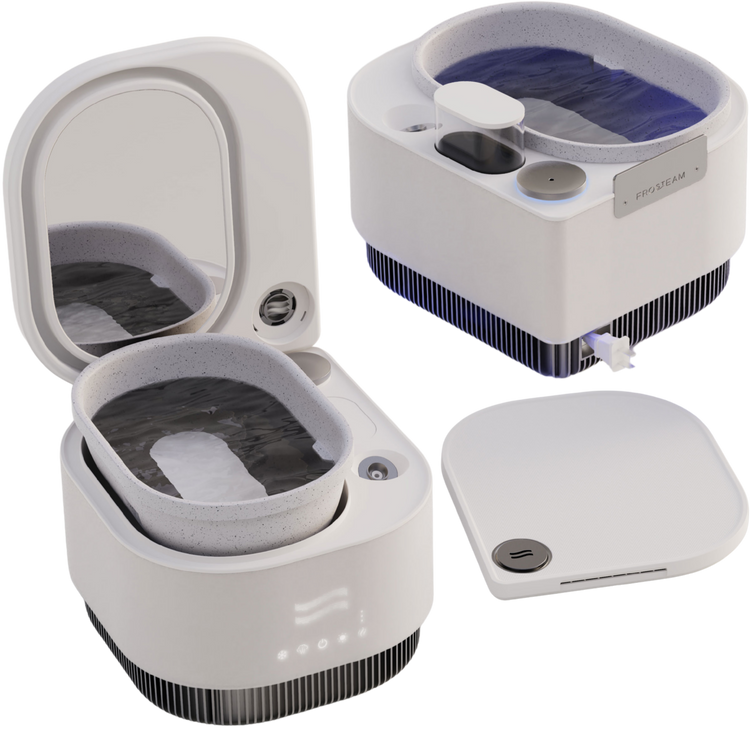 Exploded view of the Frosteam skincare device showing removable bowl, cold plate, steam system and mirror components