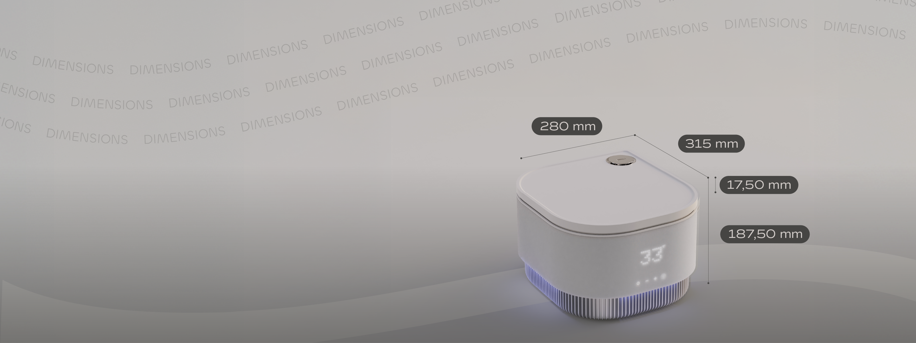 Frosteam 3-in-1 skincare device with detailed dimensions showing height, width, and depth in millimeters