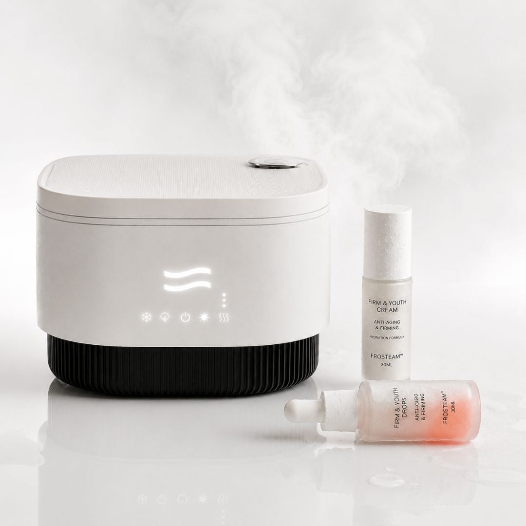 Frosteam device releasing steam beside Firm & Youth Cream and Drops serum