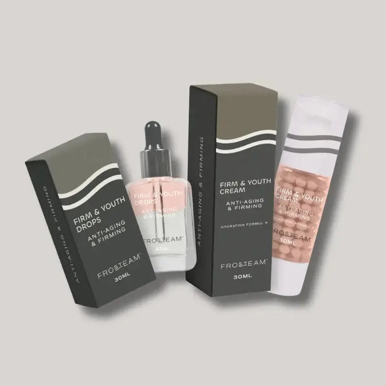 Frosteam Firm & Youth Duo skincare set with anti-aging face cream and revitalizing aqua drops serum, shown with packaging