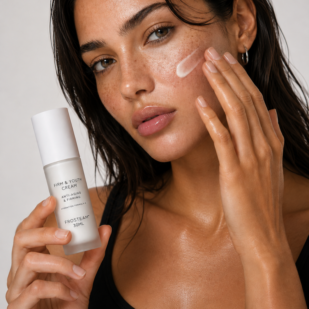 Woman applying Frosteam Firm & Youth Face Cream on her cheeks during her skincare routine