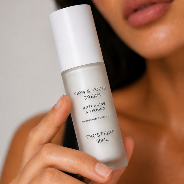 Woman holding the Frosteam Firm & Youth Face Cream bottle, close-up