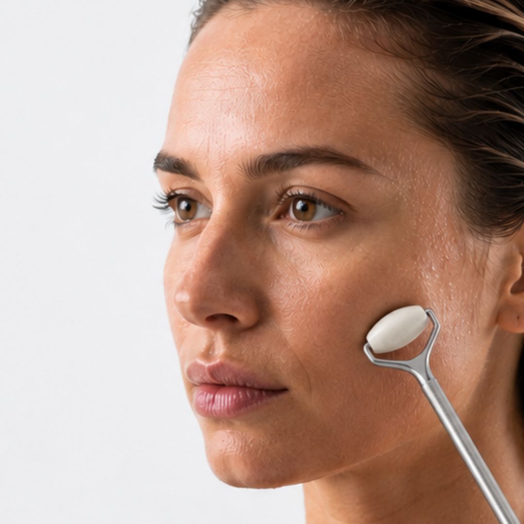 Woman using the Frosteam stainless steel facial roller on her cheek, side profile skincare demonstration
