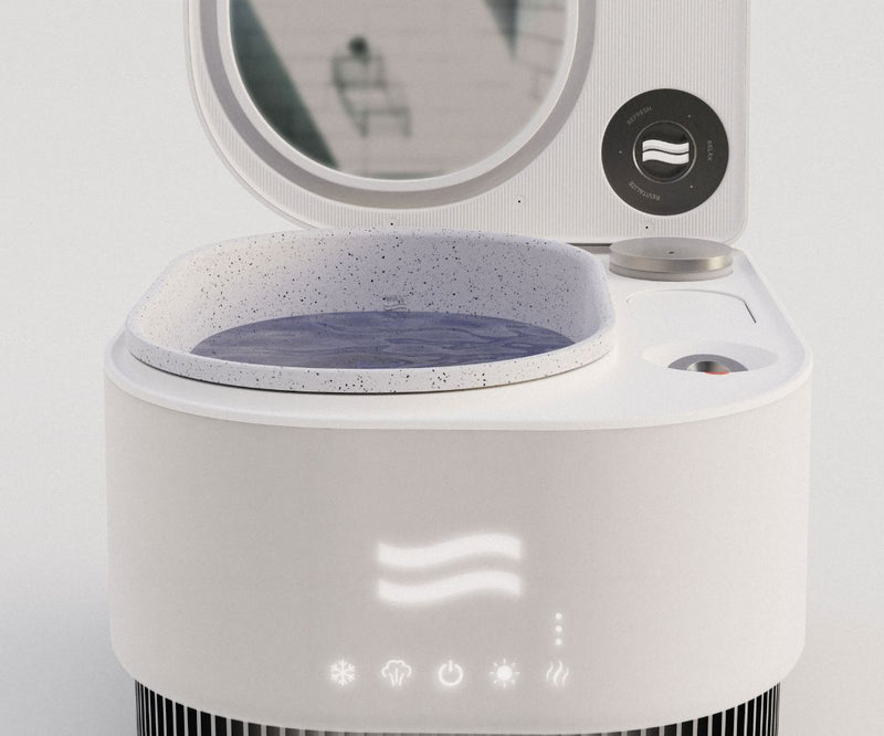 Frosteam Harmony open cold-plunge basin filled with water, illuminated touch display
