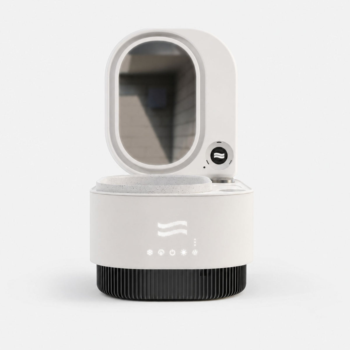 Frosteam Harmony 3-in-1 facial device with mirrored lid open, showing illuminated wave logo and touch controls