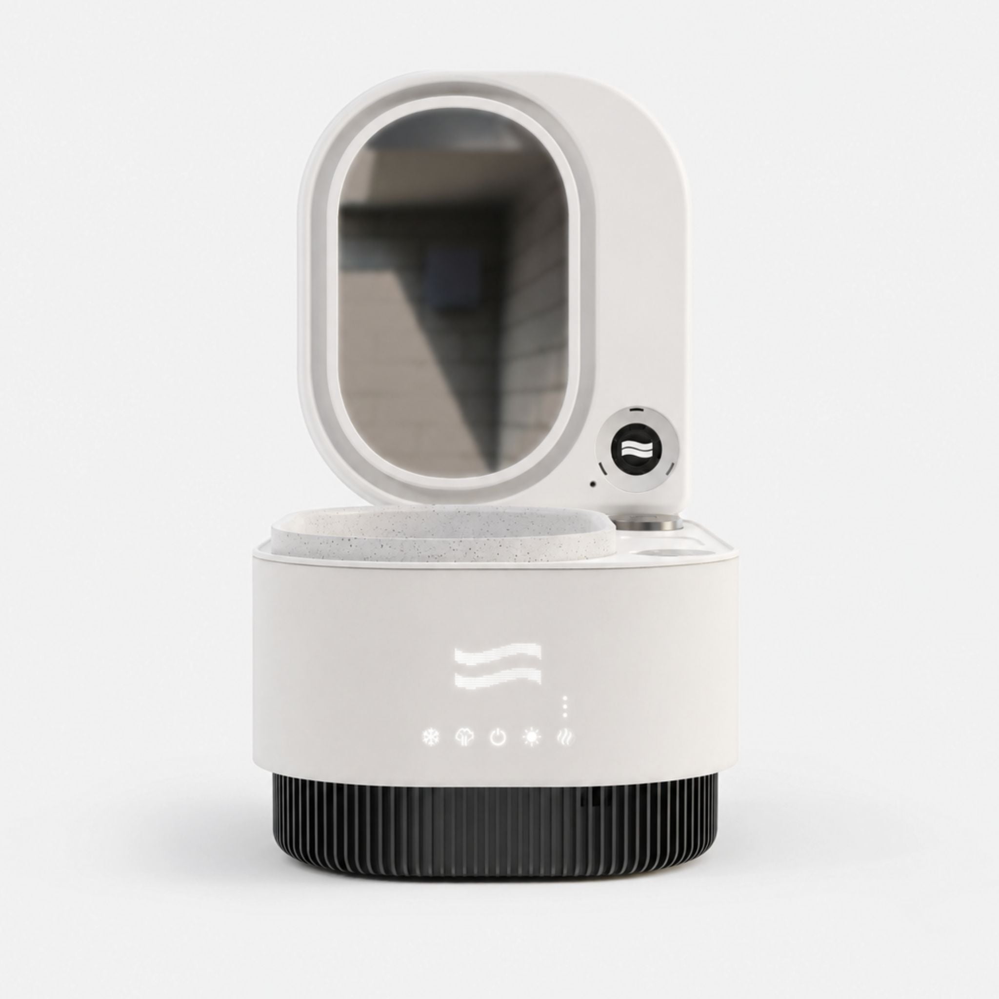 Front view of the Frosteam Harmony 3-in-1 facial device with open mirror lid, illuminated touch controls and cold plunge facial basin.