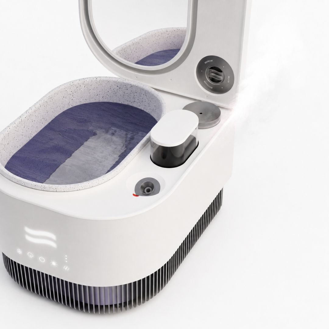 Angled studio view of the Frosteam Harmony facial wellness device with integrated mirror, cold plunge basin and nano steam system