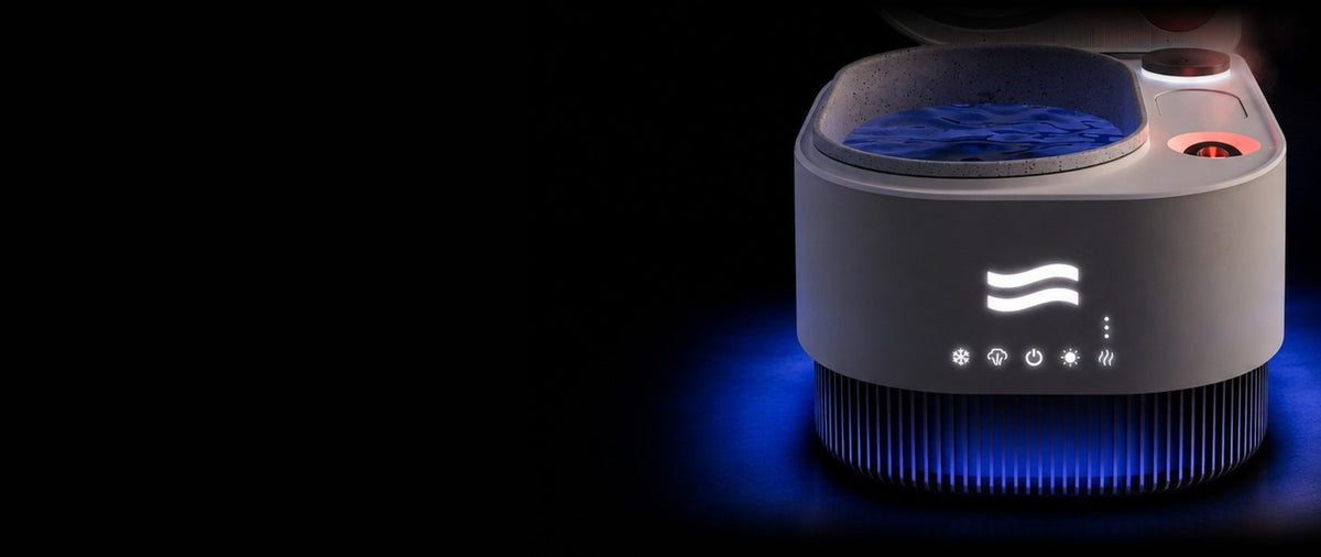 Frosteam Harmony 3-in-1 facial spa with its cold plunge basin open and glowing touch panel