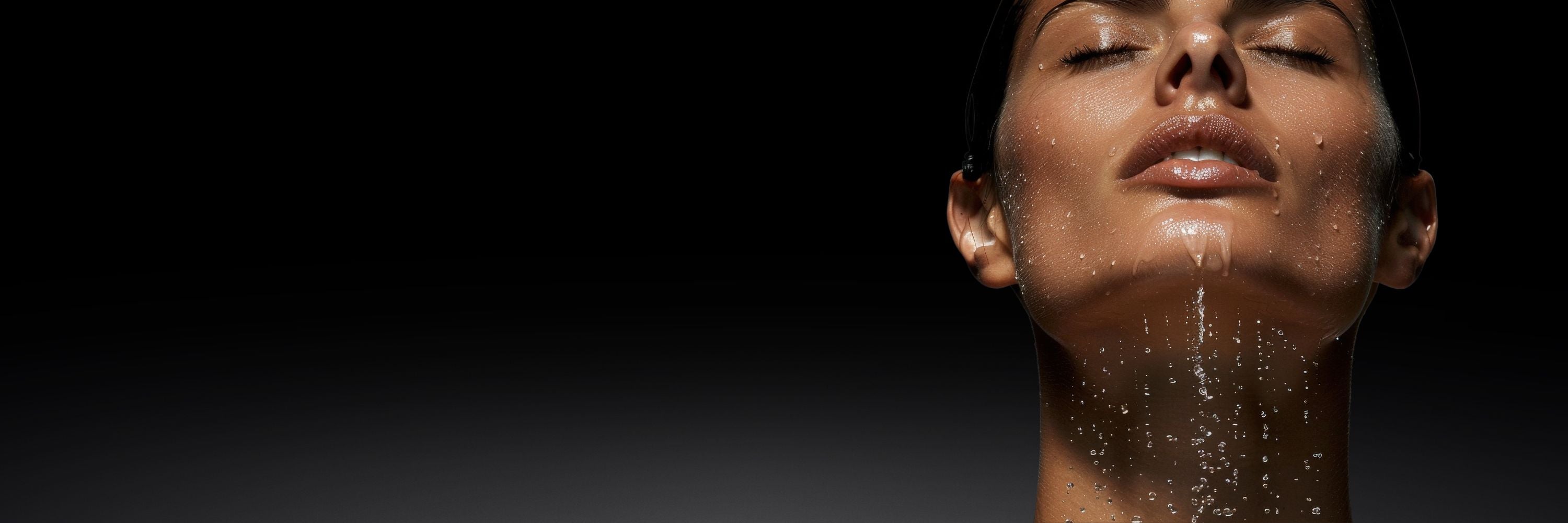 Frosteam nano-ionic steam diffusing onto skin, close-up macro shot on dark background